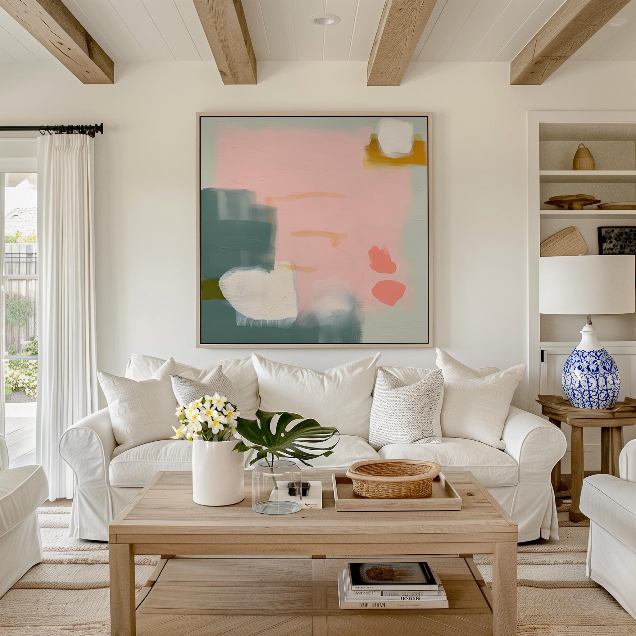 Large Framed Abstract Wall Art | Colorful Pink & Sage Green Canvas Print | Modern Home Decor Gift | Aurora Muse 361