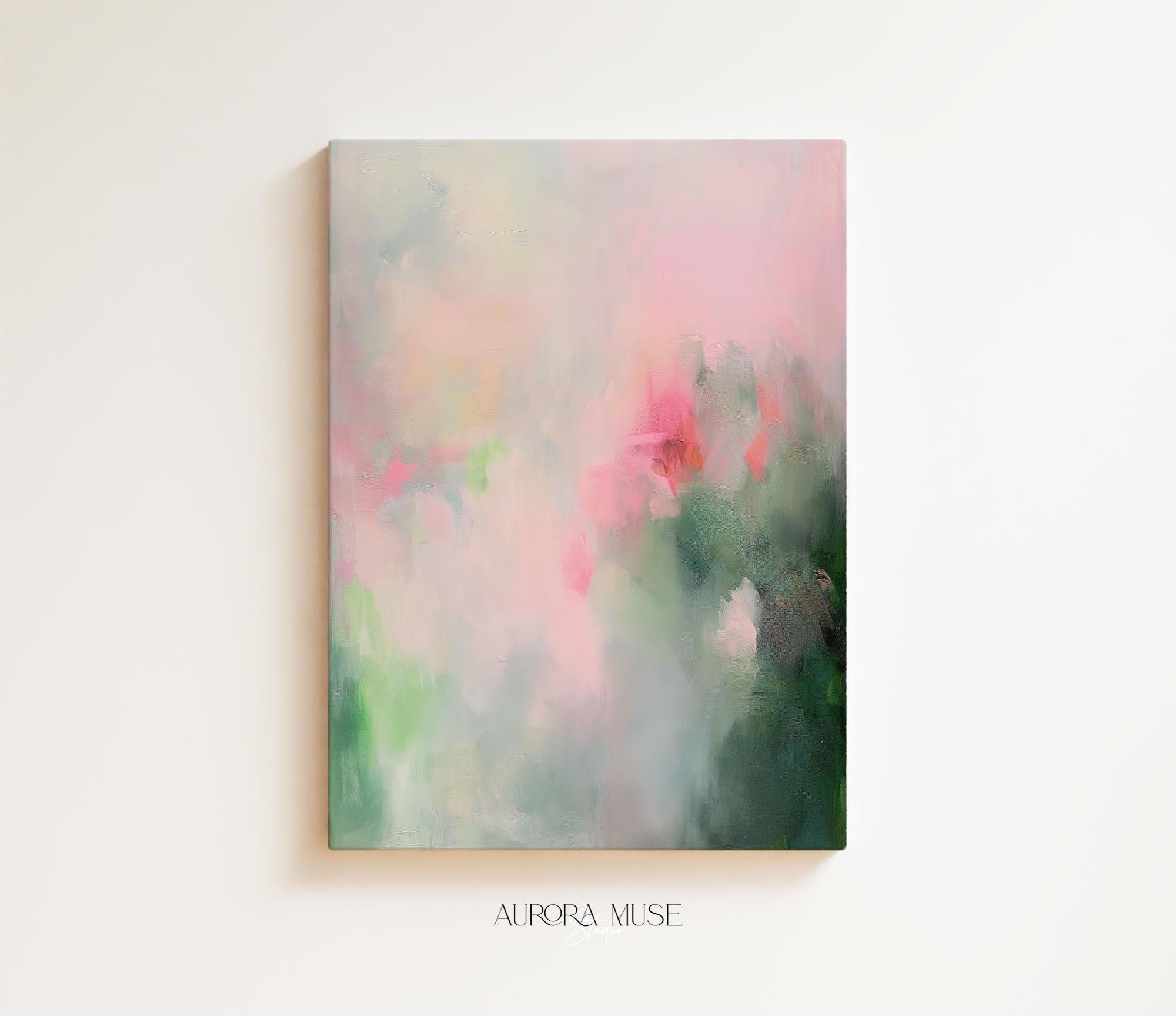 Light pink magenta green abstract artwork, Modern textured abstract painting print, Eclectic wall decor | 386