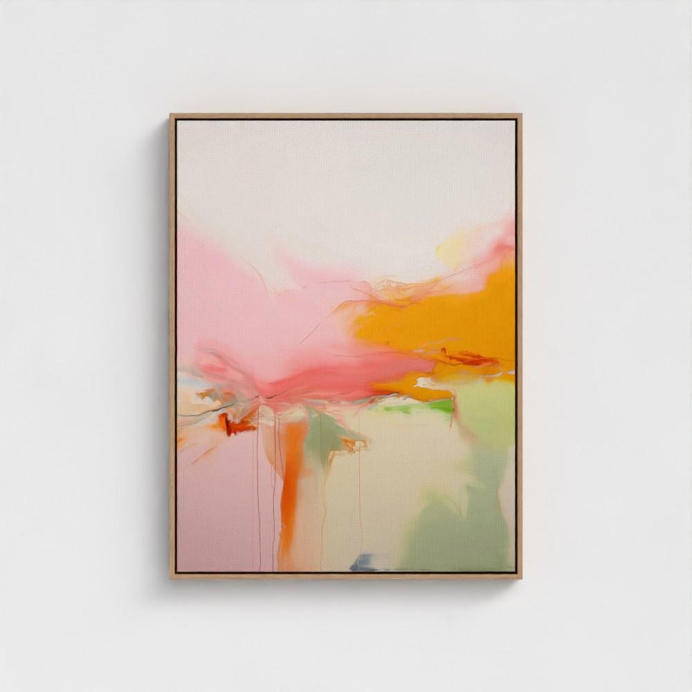 Vertical colorful abstract wall art featuring coral, turquoise, violet, and gold tones in a vibrant contemporary style. Ideal as a statement piece for living room or studio interiors. Available as framed canvas or gallery-wrapped giclée wall art by Muse Studio