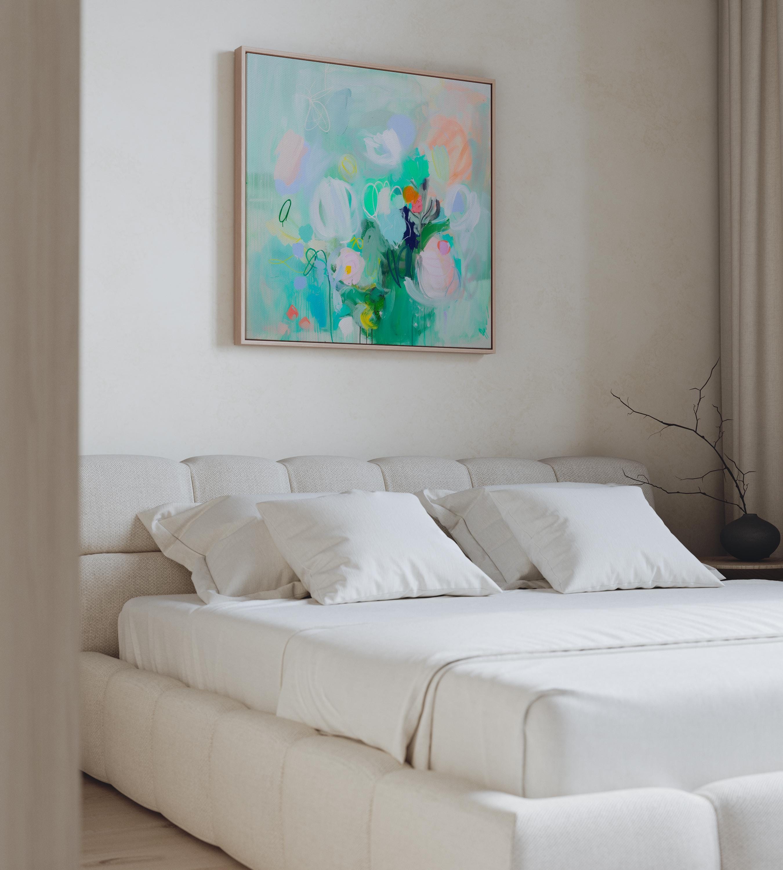 Aqua Bloom No. 374 by Muse Studio & Co. pastel abstract wall art in aqua and blush with soft botanical floral movement, square canvas wall art printed with museum-grade giclée inks on premium gallery-wrapped canvas, available as stretched or rolled canvas or framed, styled as calming modern decor in a nursery or bedroom.
