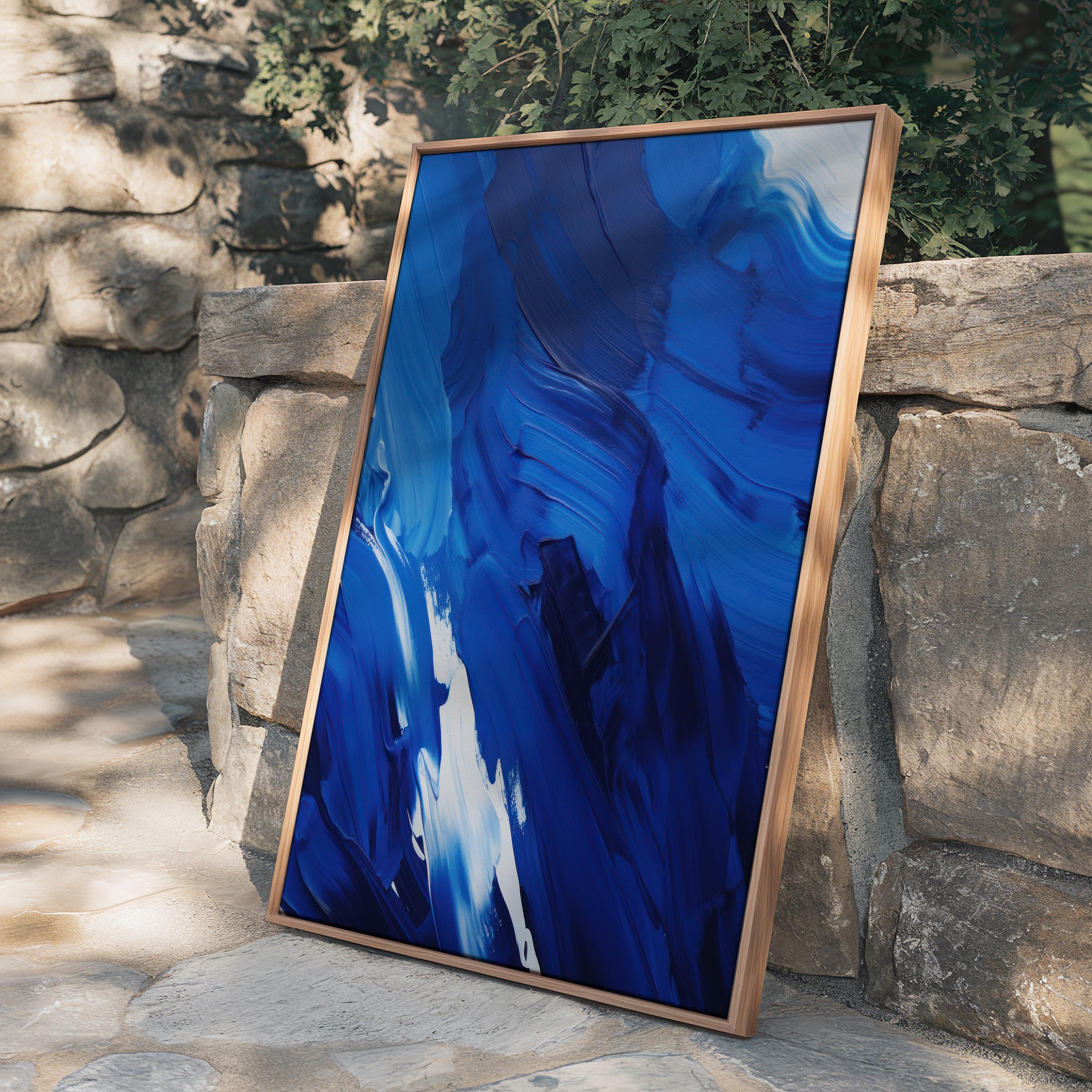 Abstract Framed Canvas – Abstract Painting Print, Coastal Blue Abstract Canvas Wall Art – Summer Coastal Beach Lake House Decor, Blue | 225