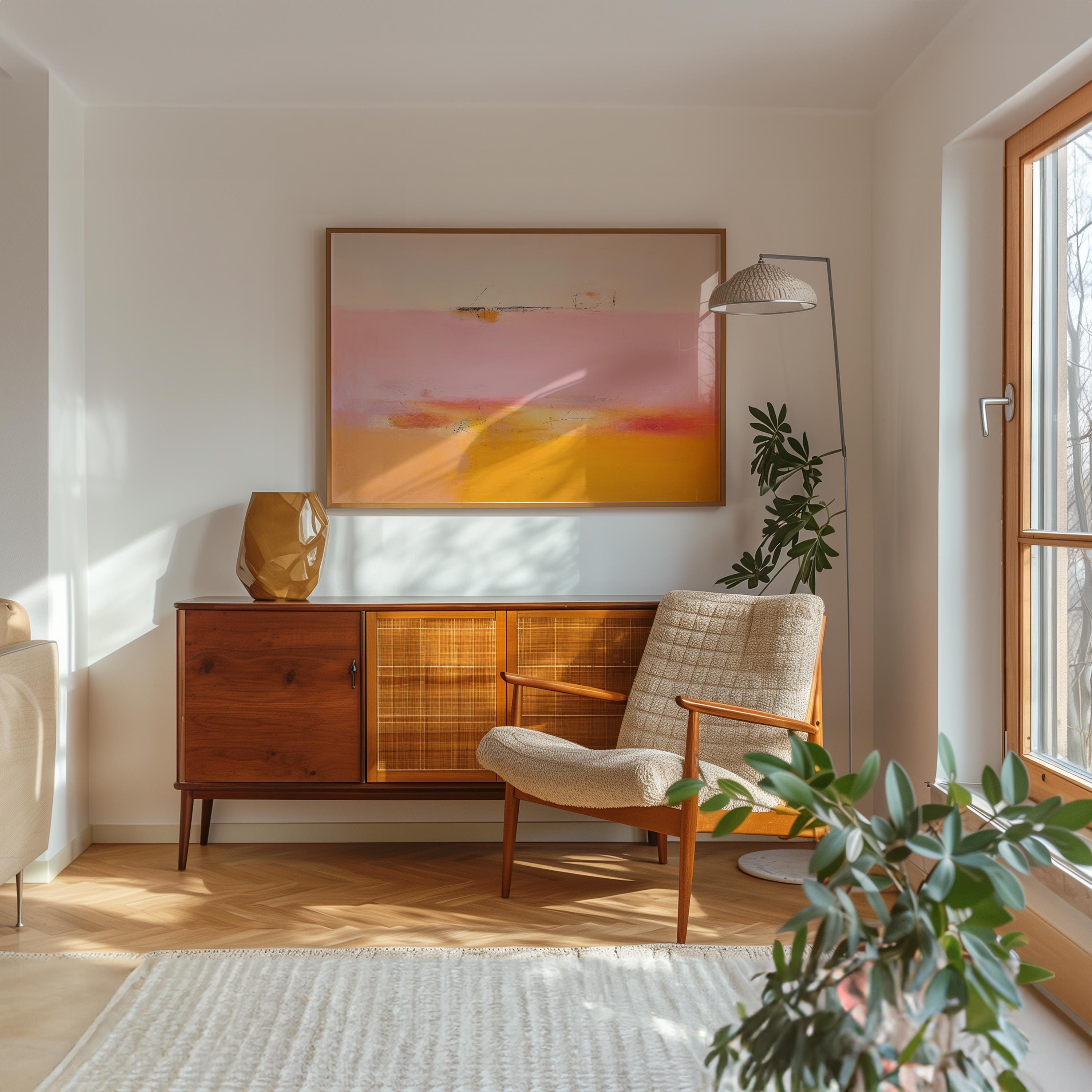 Colorful abstract wall art staged in modern neutral home decor. Large statement art print displayed in living room, bedroom, or office space. Vibrant canvas or giclée print adds bold style to contemporary interiors, perfect for home decor, office staging, and design projects Abstract Art Print Pink Orange Horizontal Artwork Modern Minimalist Giclee Poster Soft Pastel Wall Decor for Living Room or Bedroom 068
