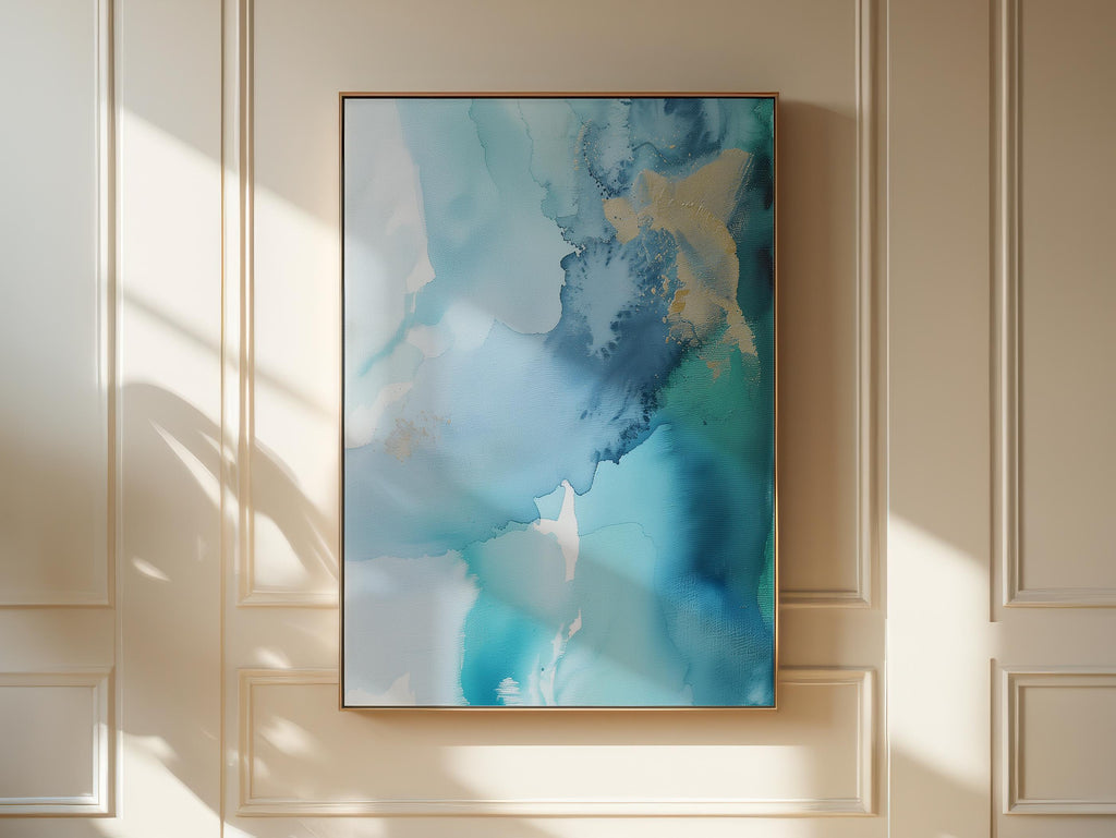 Coastal abstract canvas art by Muse Studio featuring blue, gold, and sandy neutral tones with fluid seaside-inspired movement. Premium gallery-wrapped cotton canvas printed with museum-grade giclée inks, styled for modern coastal living rooms, offices, bedrooms, and elevated neutral interiors.