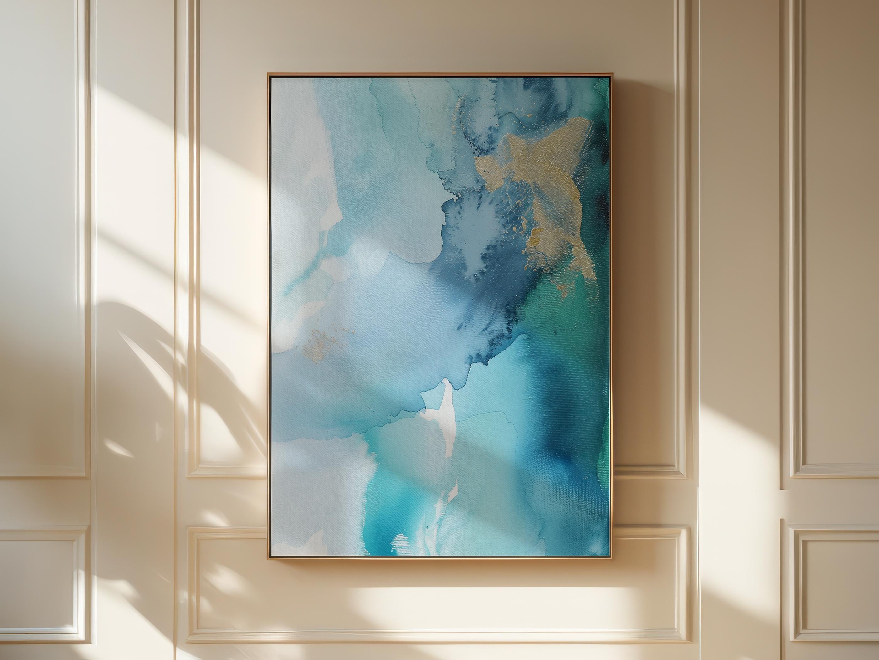 Coastal abstract canvas art by Muse Studio featuring blue, gold, and sandy neutral tones with fluid seaside-inspired movement. Premium gallery-wrapped cotton canvas printed with museum-grade giclée inks, styled for modern coastal living rooms, offices, bedrooms, and elevated neutral interiors.