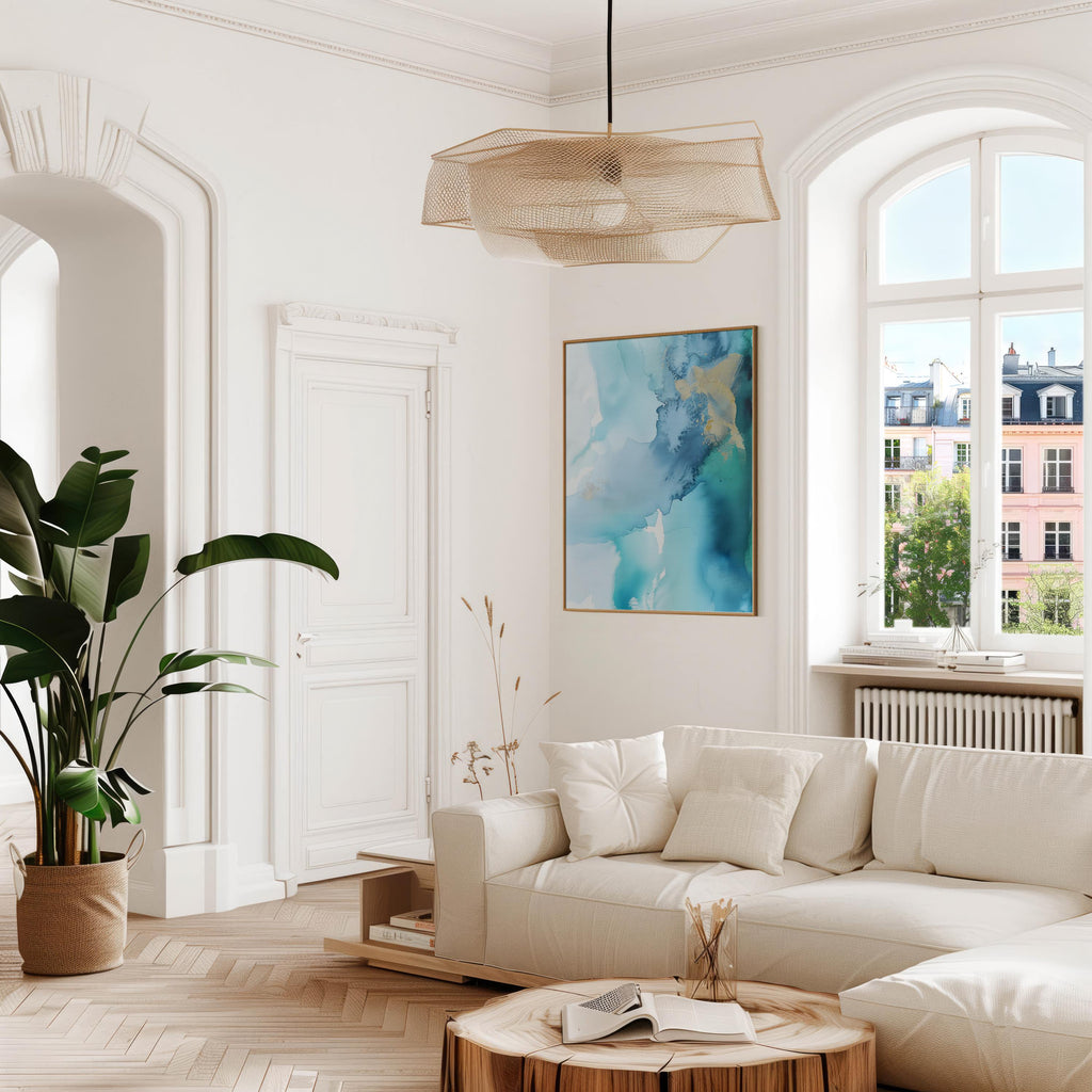 Coastal abstract canvas art by Muse Studio featuring blue, gold, and sandy neutral tones with fluid seaside-inspired movement. Premium gallery-wrapped cotton canvas printed with museum-grade giclée inks, styled for modern coastal living rooms, offices, bedrooms, and elevated neutral interiors.