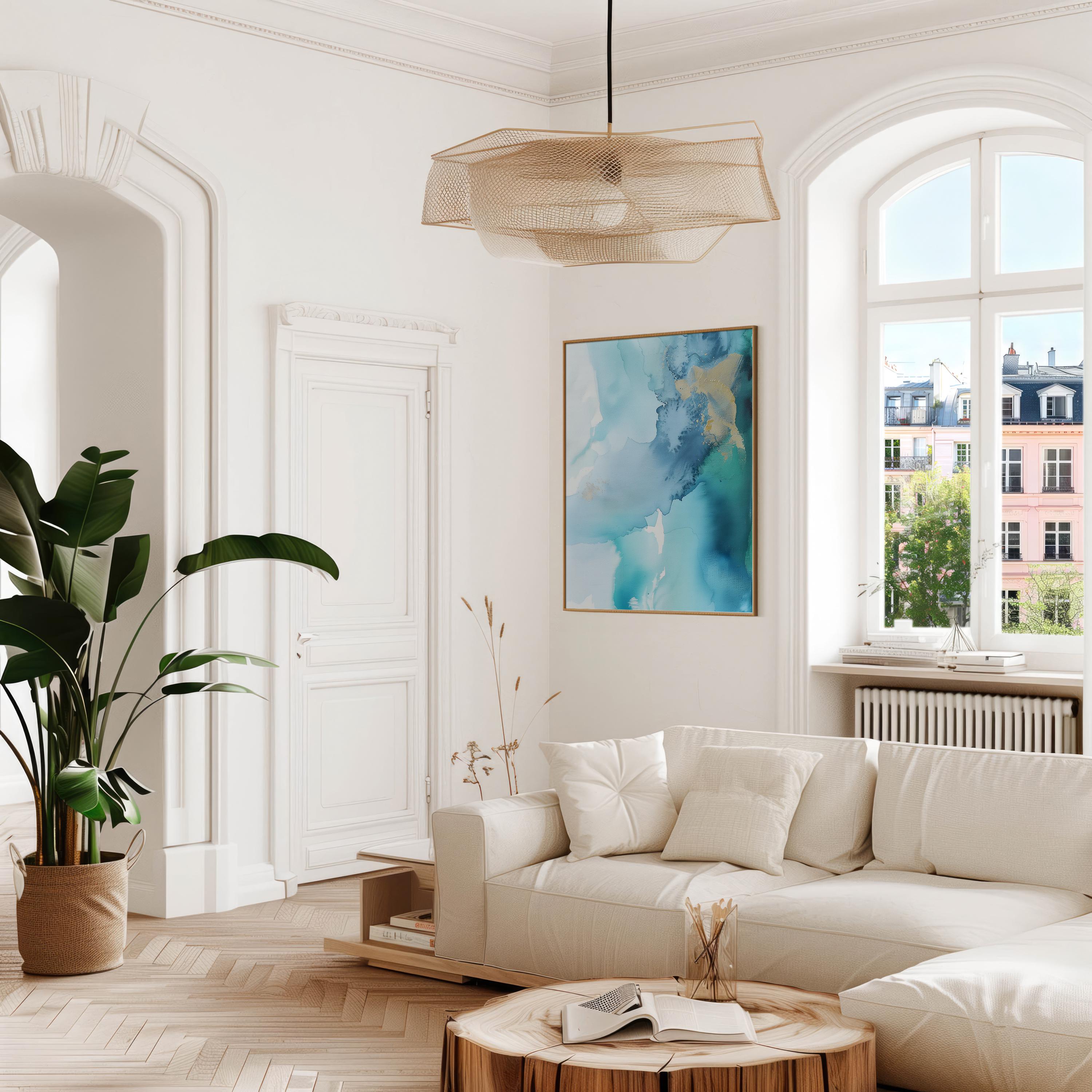 Coastal abstract canvas art by Muse Studio featuring blue, gold, and sandy neutral tones with fluid seaside-inspired movement. Premium gallery-wrapped cotton canvas printed with museum-grade giclée inks, styled for modern coastal living rooms, offices, bedrooms, and elevated neutral interiors.