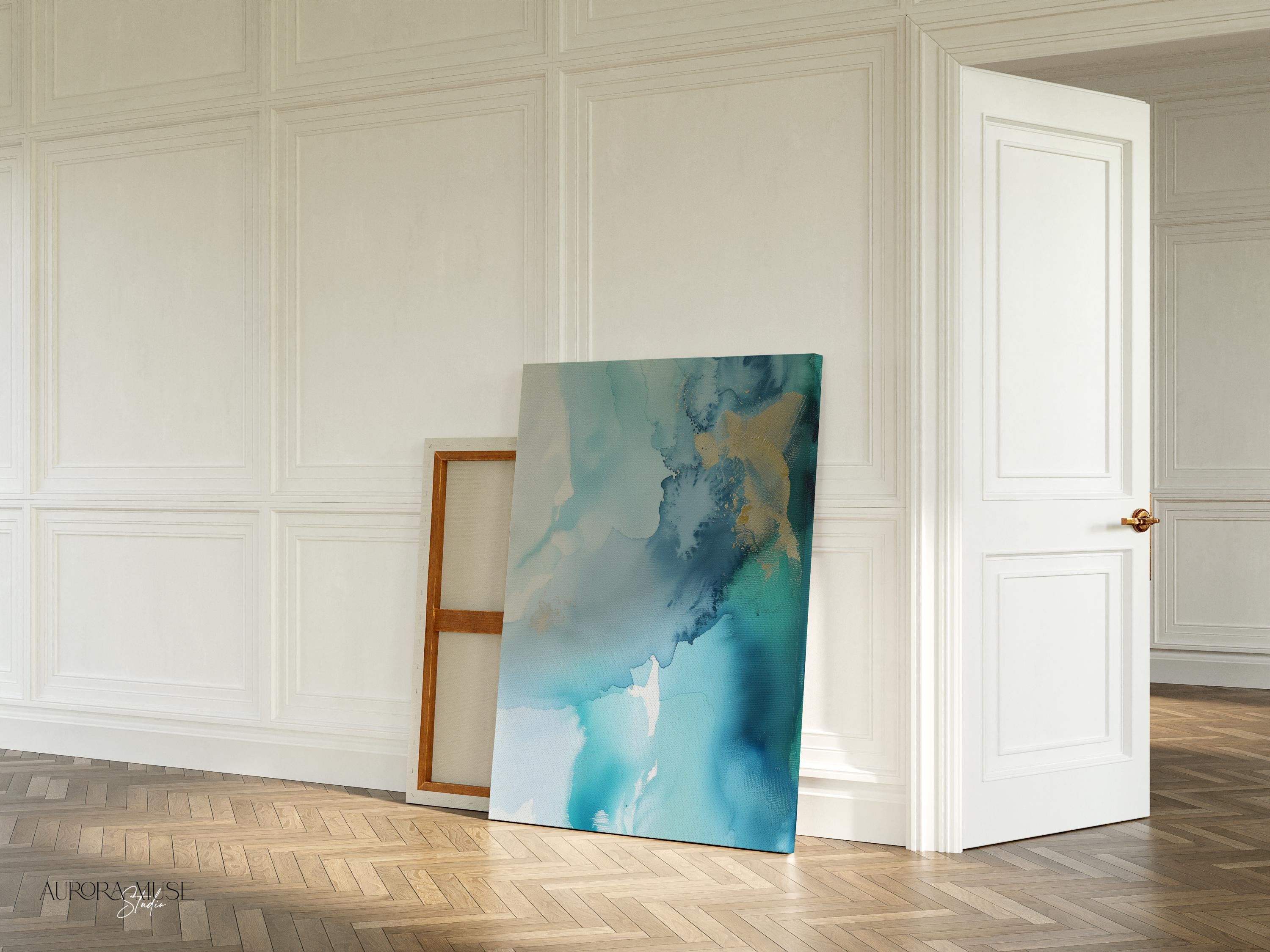 Abstract Painting Print, Coastal Blue Abstract Canvas Wall Art – Framed Summer Beach House Decor, Giclee Print, Blue | 265