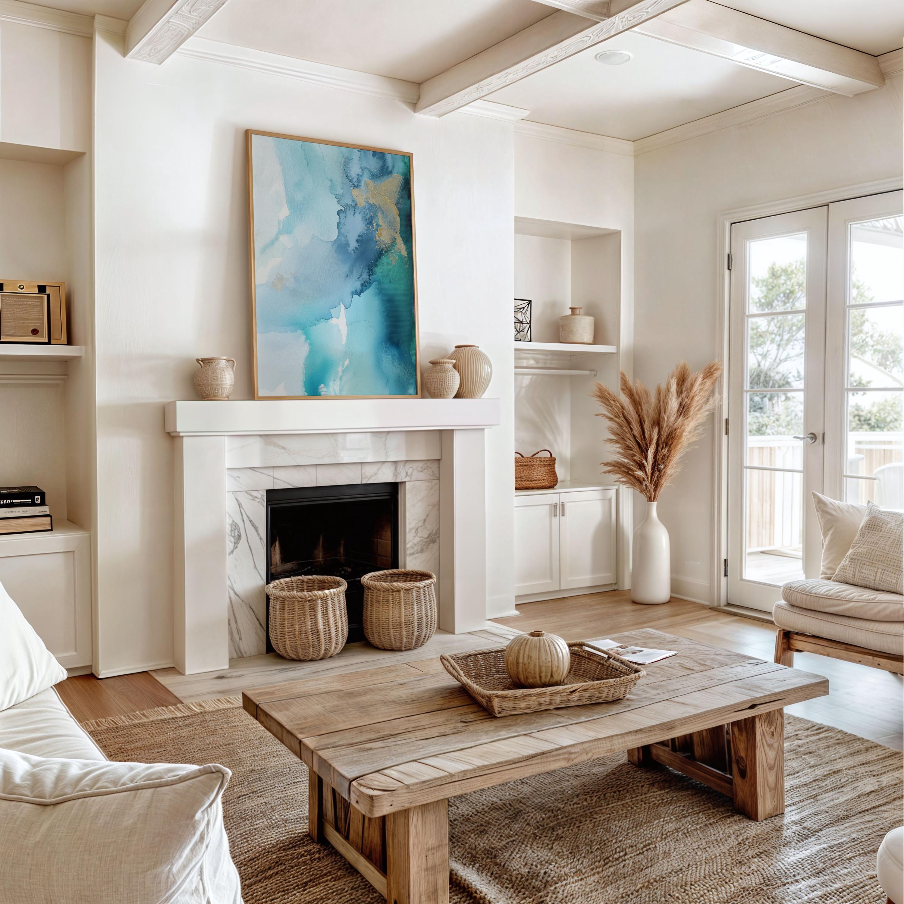 Coastal abstract canvas art by Muse Studio featuring blue, gold, and sandy neutral tones with fluid seaside-inspired movement. Premium gallery-wrapped cotton canvas printed with museum-grade giclée inks, styled for modern coastal living rooms, offices, bedrooms, and elevated neutral interiors.
