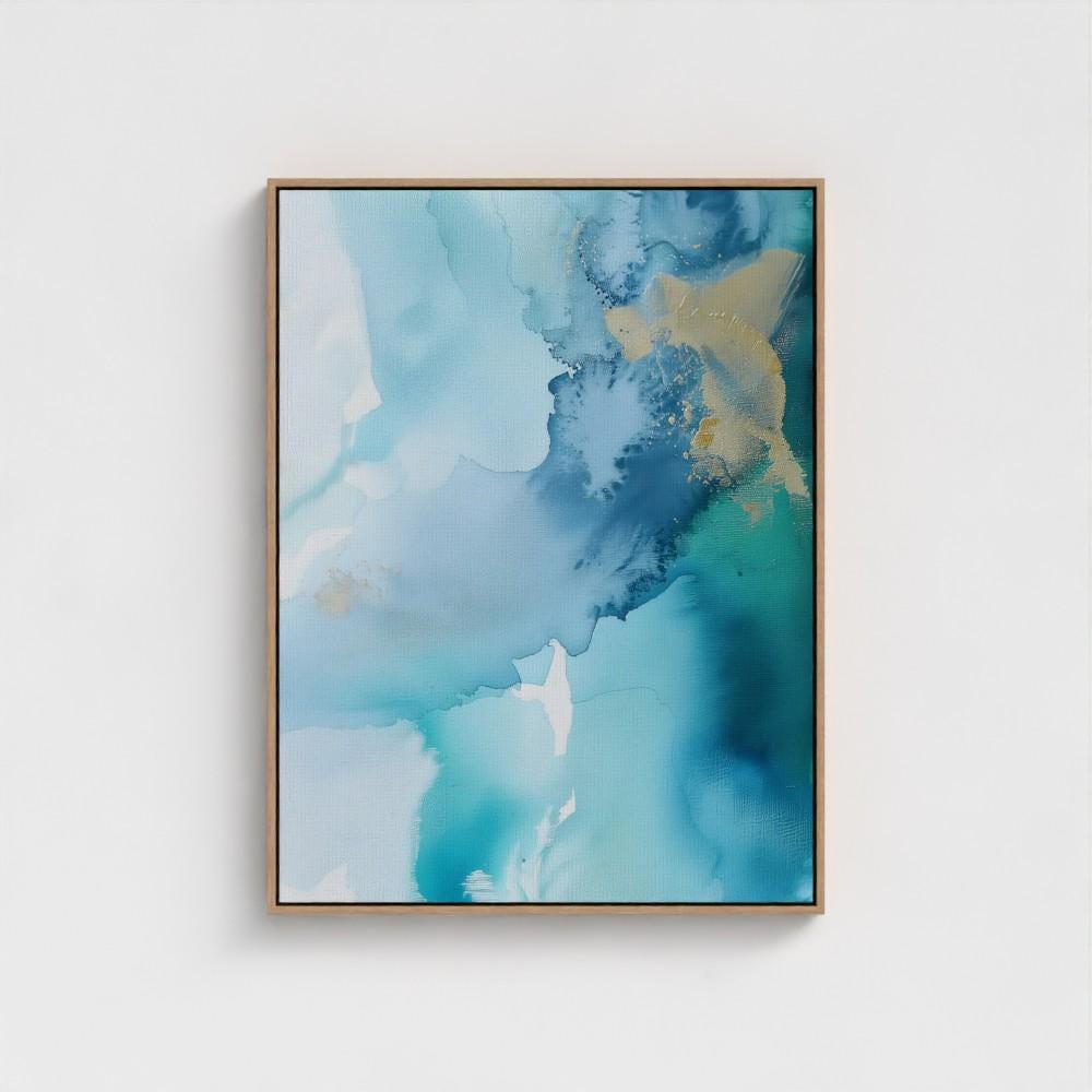 Coastal abstract canvas art by Muse Studio featuring blue, gold, and sandy neutral tones with fluid seaside-inspired movement. Premium gallery-wrapped cotton canvas printed with museum-grade giclée inks, styled for modern coastal living rooms, offices, bedrooms, and elevated neutral interiors.