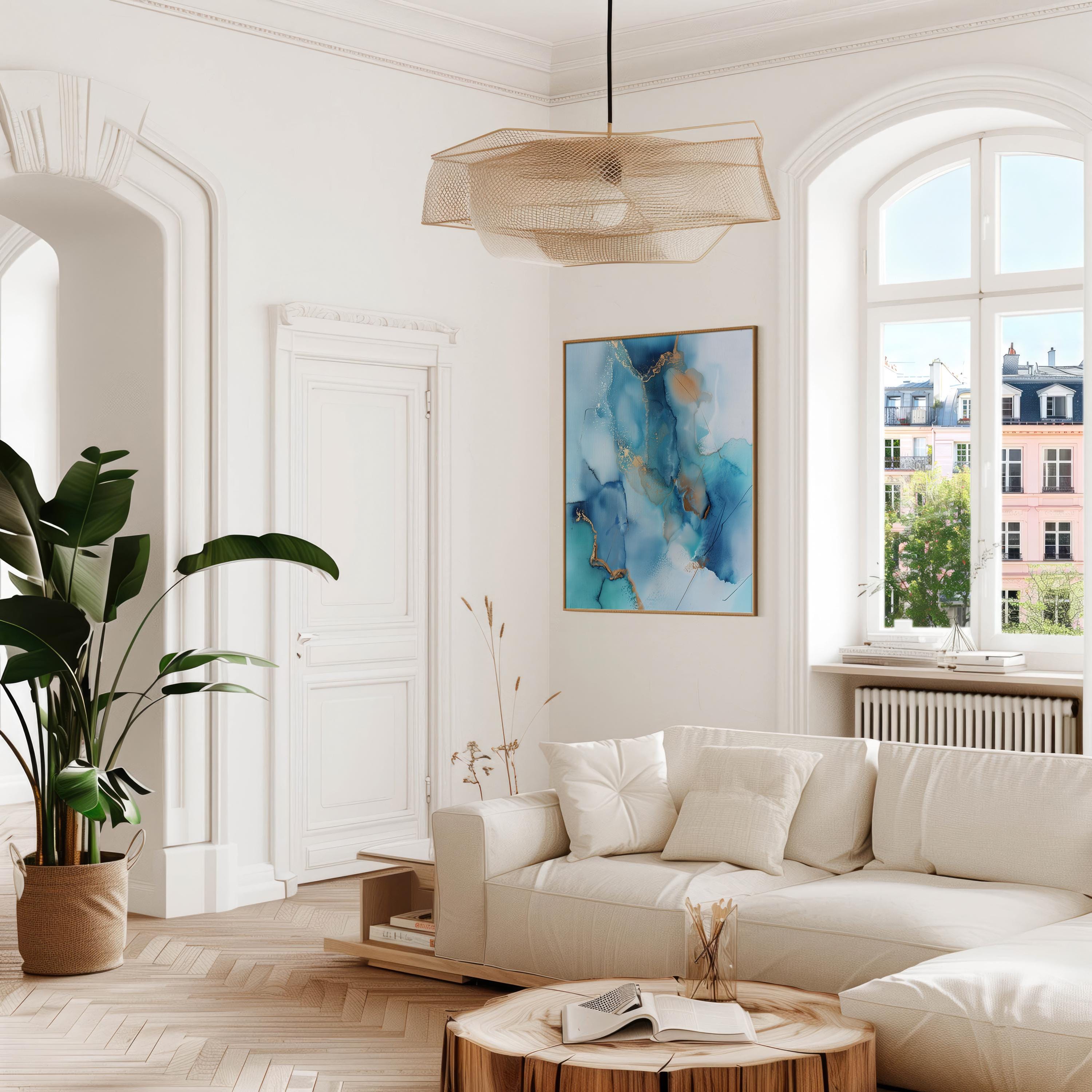 Horizontal coastal blue abstract wall art with soft sand and white tones in a light, airy style. Ideal for beach house, living room, or summer interior decor. Available as framed canvas or gallery-wrapped giclée wall art by Muse Studio.