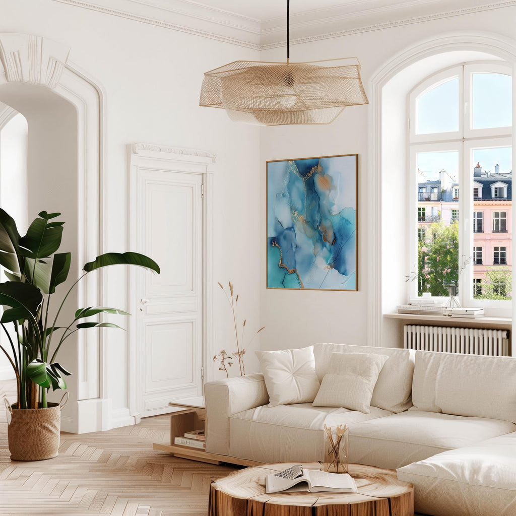 Horizontal coastal blue abstract wall art with soft sand and white tones in a light, airy style. Ideal for beach house, living room, or summer interior decor. Available as framed canvas or gallery-wrapped giclée wall art by Muse Studio.