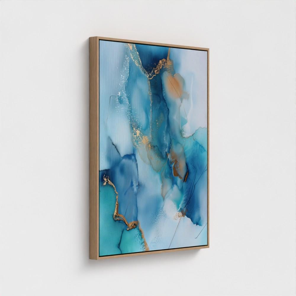 Horizontal coastal blue abstract wall art with soft sand and white tones in a light, airy style. Ideal for beach house, living room, or summer interior decor. Available as framed canvas or gallery-wrapped giclée wall art by Muse Studio.