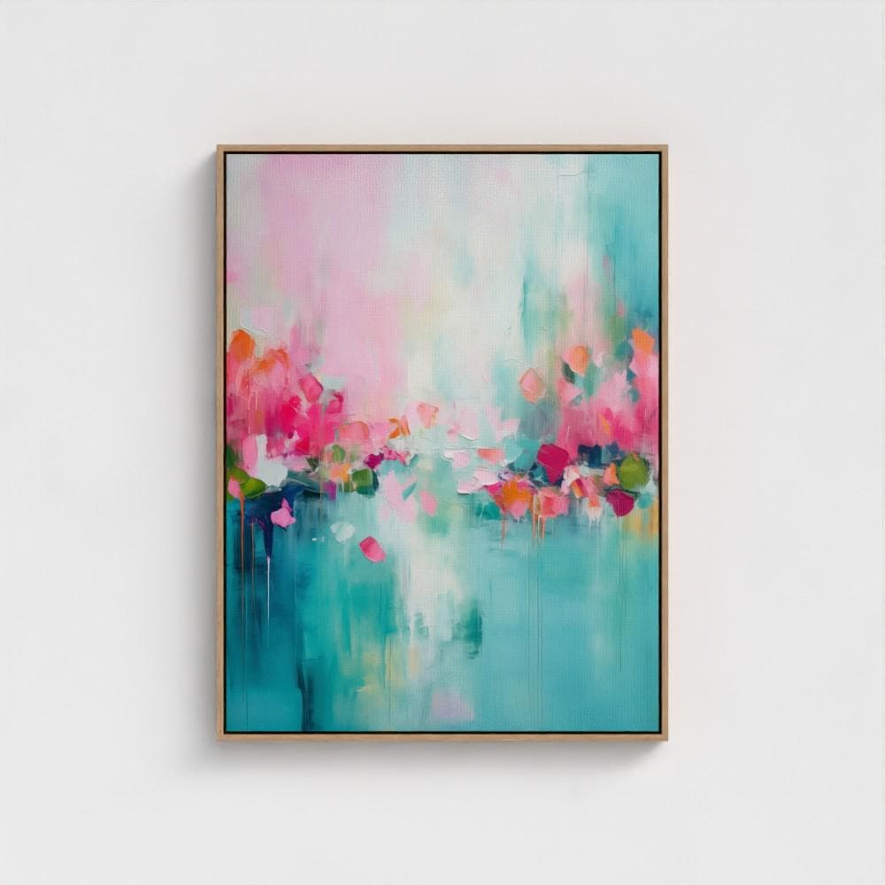 Framed Wall Art | Abstract Painting | Colorful Giclee Canvas Print | Modern Living Room Decor | Large Statement Artwork | Teal & Pink | 206