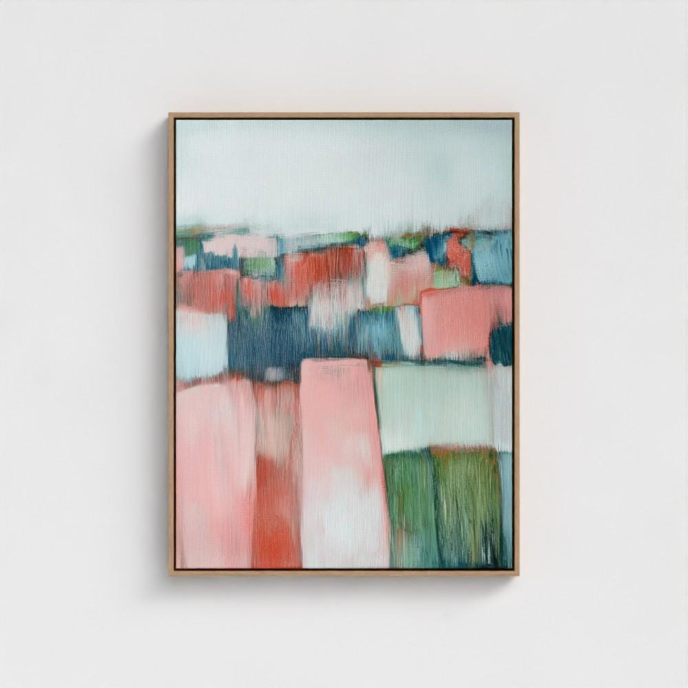 Horizontal abstract wall art in green and blush pink tones with a rustic farmhouse aesthetic and textural movement. Perfect for living rooms, bedrooms, or transitional interiors. Available as framed canvas or gallery-wrapped giclée wall art by Muse Studio.