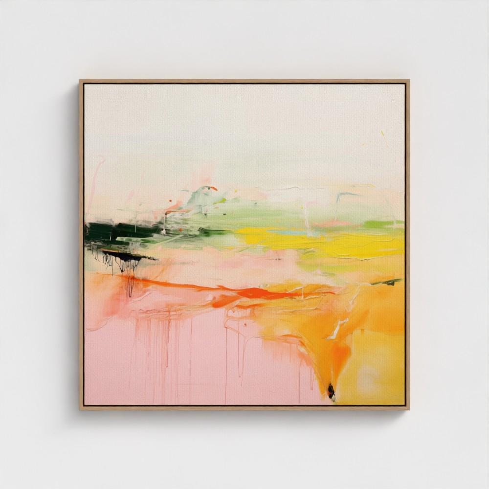 Framed Abstract Landscape Wall Art in Pink Orange and Green, Modern Square Canvas for Living Room or Entryway, Summer Decor Statement 290