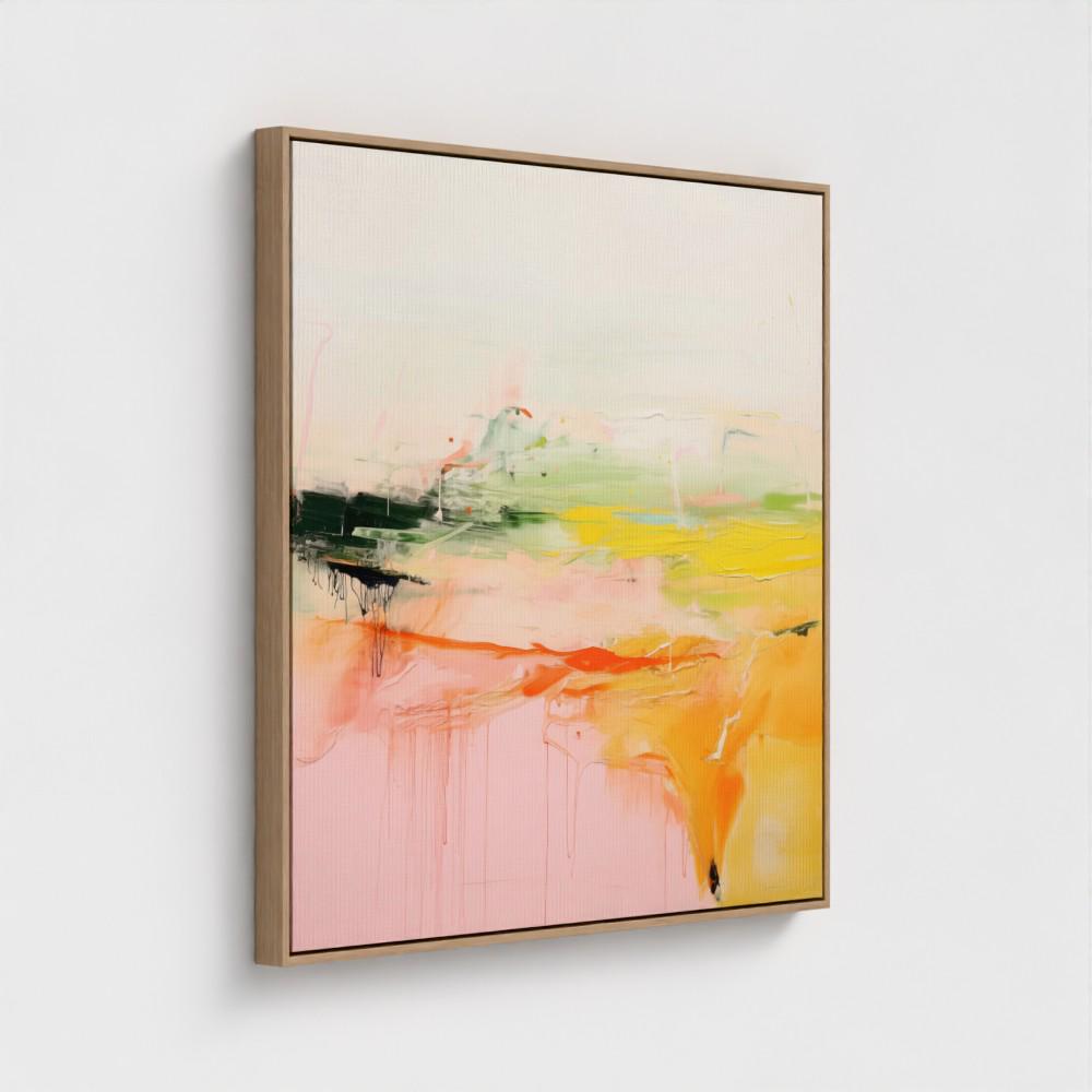 Framed Abstract Landscape Wall Art in Pink Orange and Green, Modern Square Canvas for Living Room or Entryway, Summer Decor Statement 290