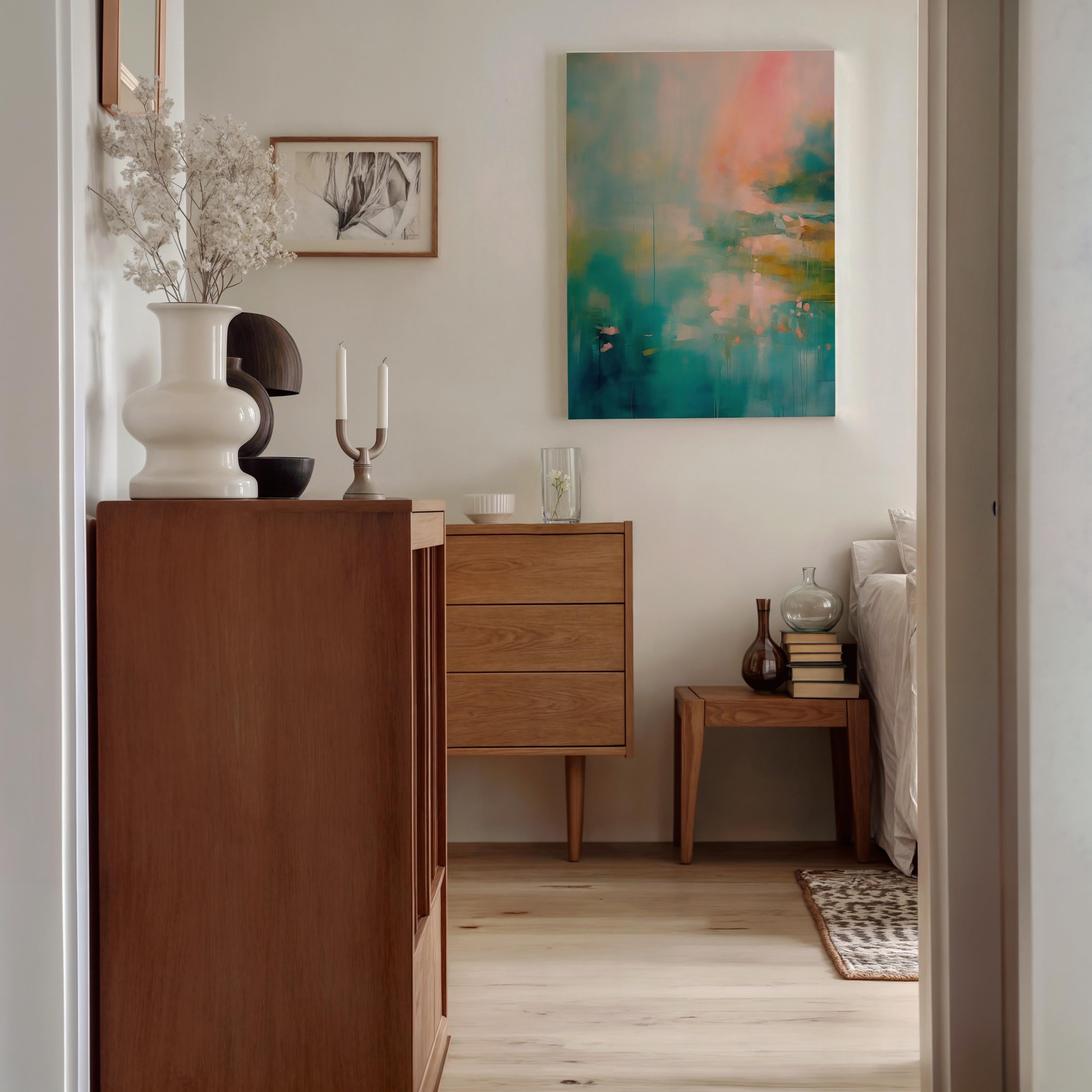 Vertical teal and coral abstract wall art titled “Coral Garden,” featuring ocean-inspired color layers and expressive movement in a vibrant modern style. Ideal for living room or office decor. Available as a framed canvas wall art by Muse Studio.