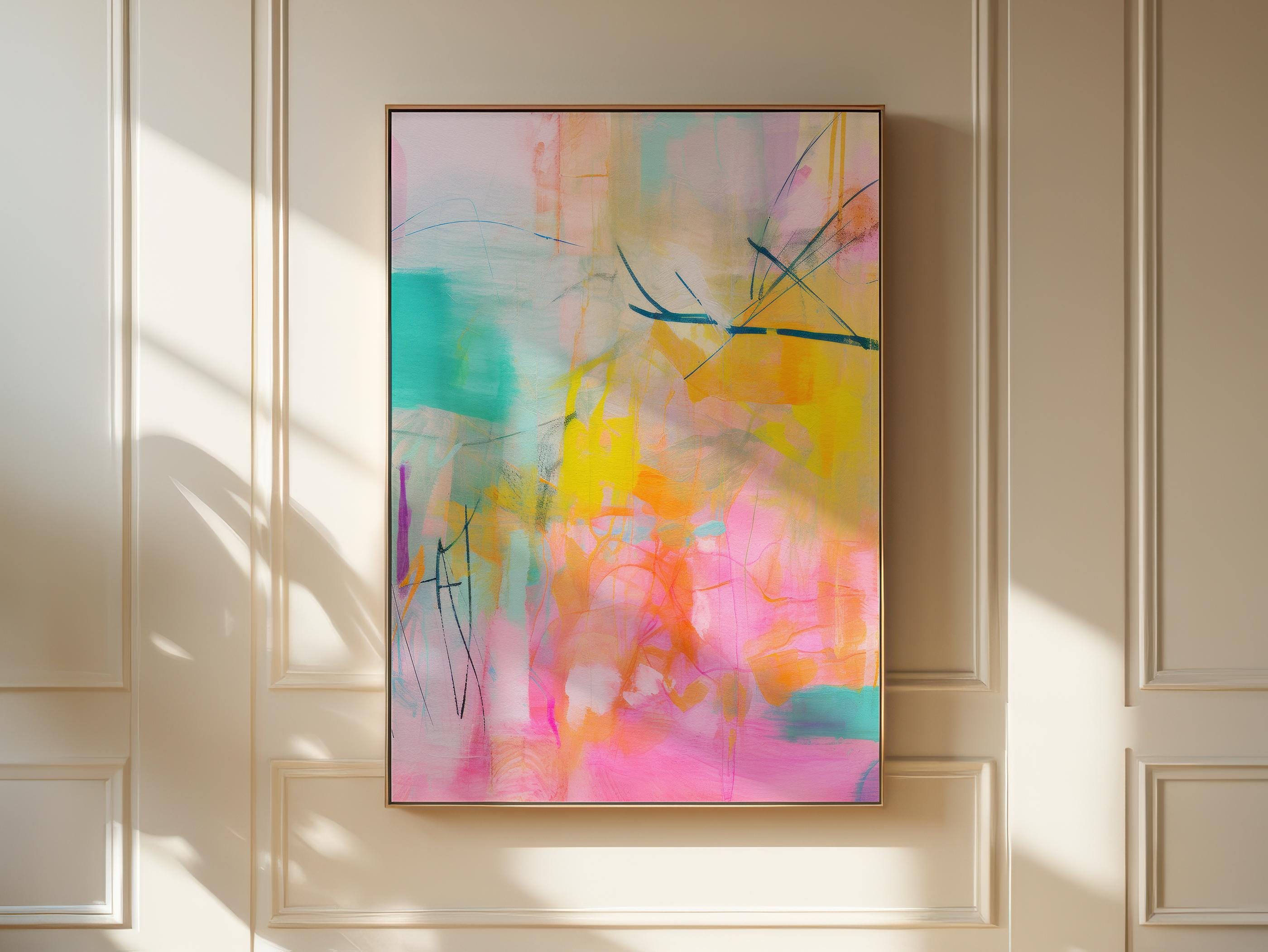 Colorful abstract art print on framed canvas, perfect for vibrant wall decor, modern home design, office decor, and staging projects. Large statement art featuring bold brushstrokes and colorful texture. Ready-to-hang giclée canvas adds energy to any living space. Colorful Abstract Wall Art Vertical Canvas Painting Pink Orange Yellow Teal Modern Giclee Print Large Bright Artwork for Home Decor 004