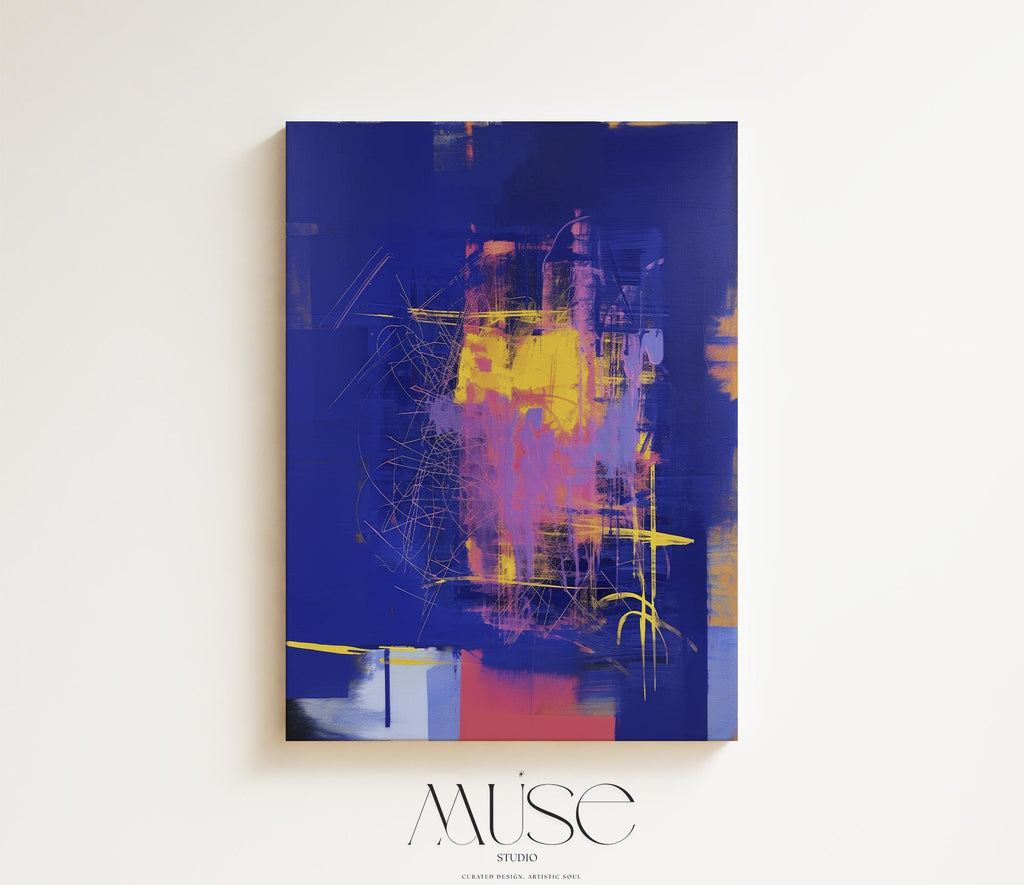Colorful Abstract Wall Art Vertical Canvas Painting Blue Yellow Pink Modern Giclee Print Large Contemporary Artwork for Home Decor 002 Large colorful abstract art print on stretched canvas, gallery-wrapped and ready to hang. Perfect for vibrant wall decor in homes, modern offices, and staging projects. Giclée canvas print featuring bold brushstrokes, expressive color, and modern statement style.