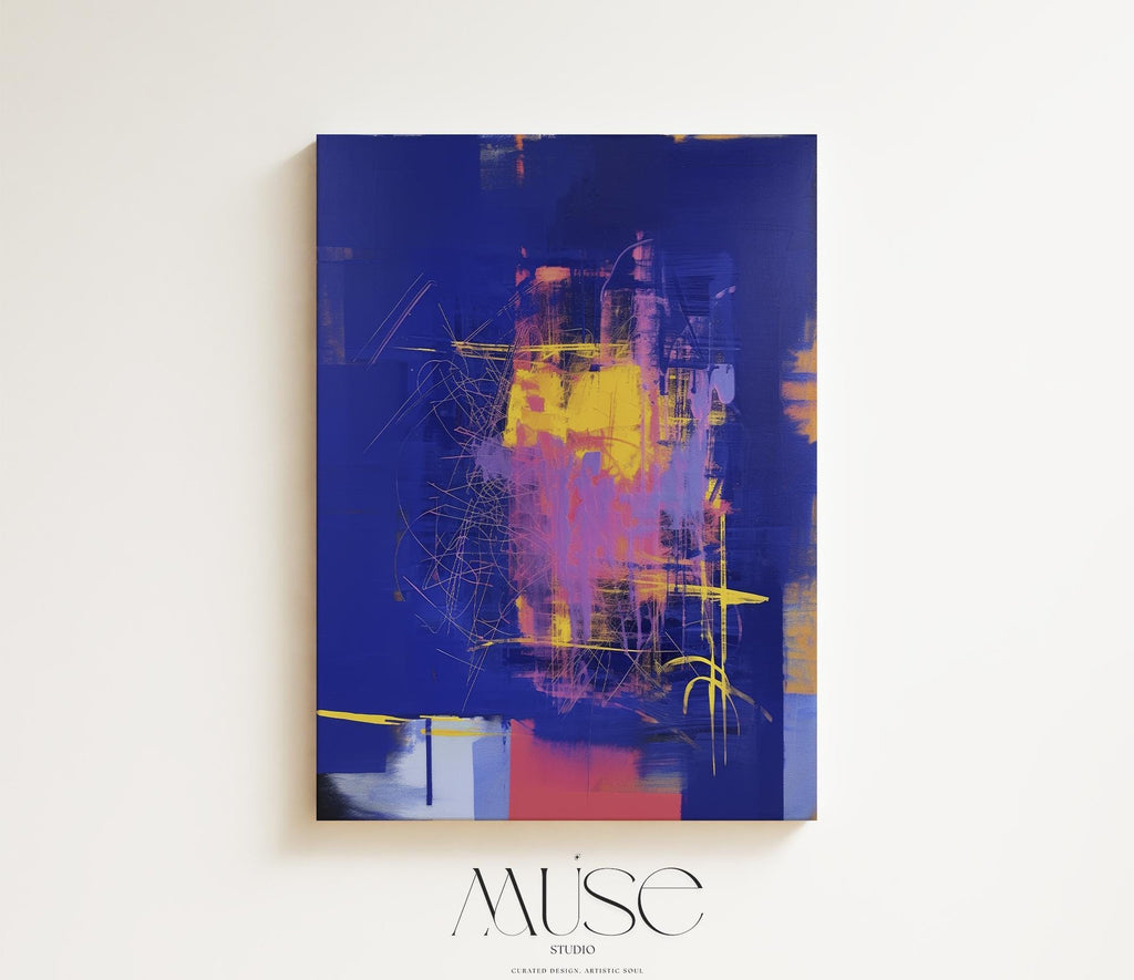 Colorful Abstract Wall Art Vertical Canvas Painting Blue Yellow Pink Modern Giclee Print Large Contemporary Artwork for Home Decor 002 Large colorful abstract art print on stretched canvas, gallery-wrapped and ready to hang. Perfect for vibrant wall decor in homes, modern offices, and staging projects. Giclée canvas print featuring bold brushstrokes, expressive color, and modern statement style.