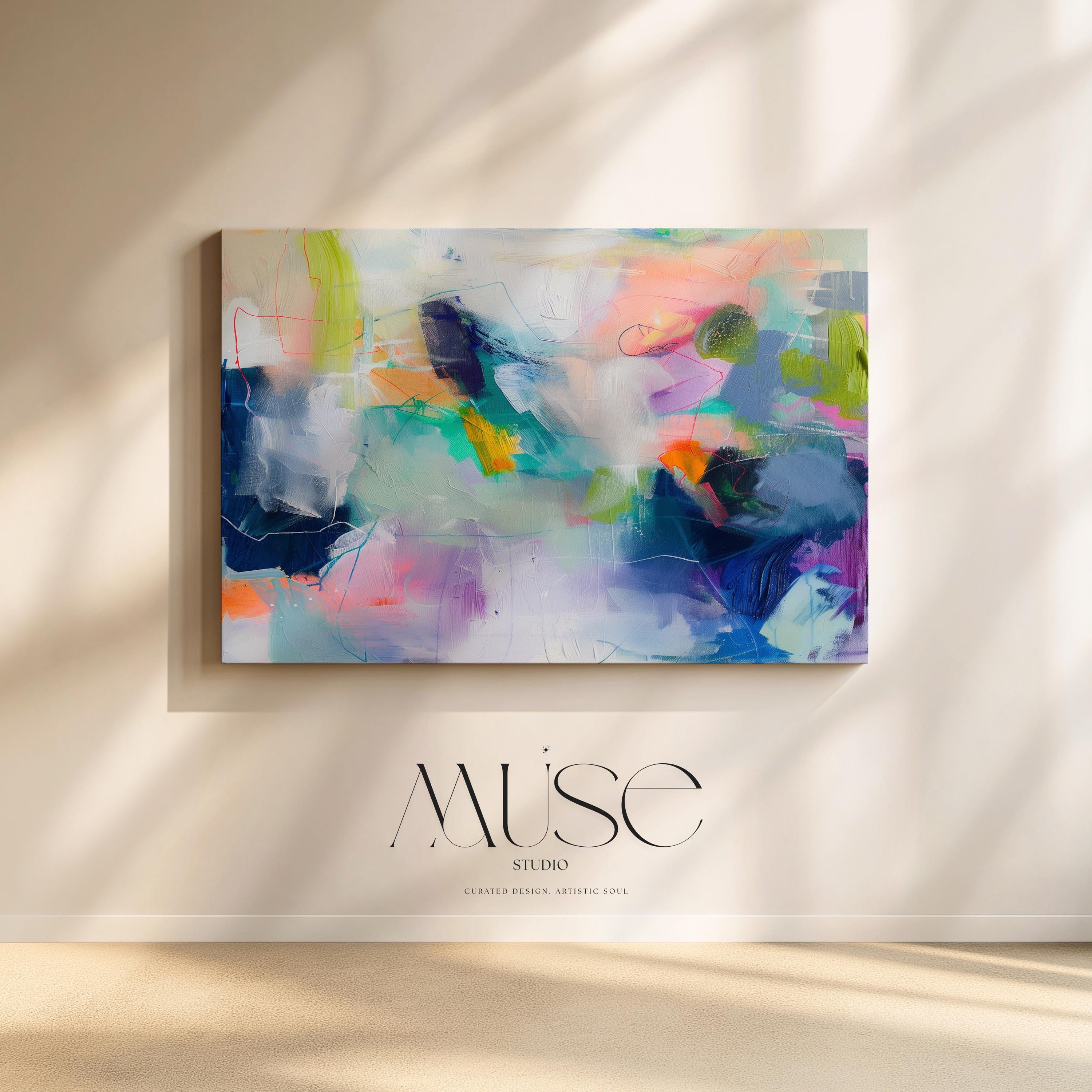 Large colorful abstract art print on stretched canvas, gallery-wrapped and ready to hang. Perfect for vibrant wall decor in homes, modern offices, and staging projects. Giclée canvas print featuring bold brushstrokes, expressive color, and modern statement style.