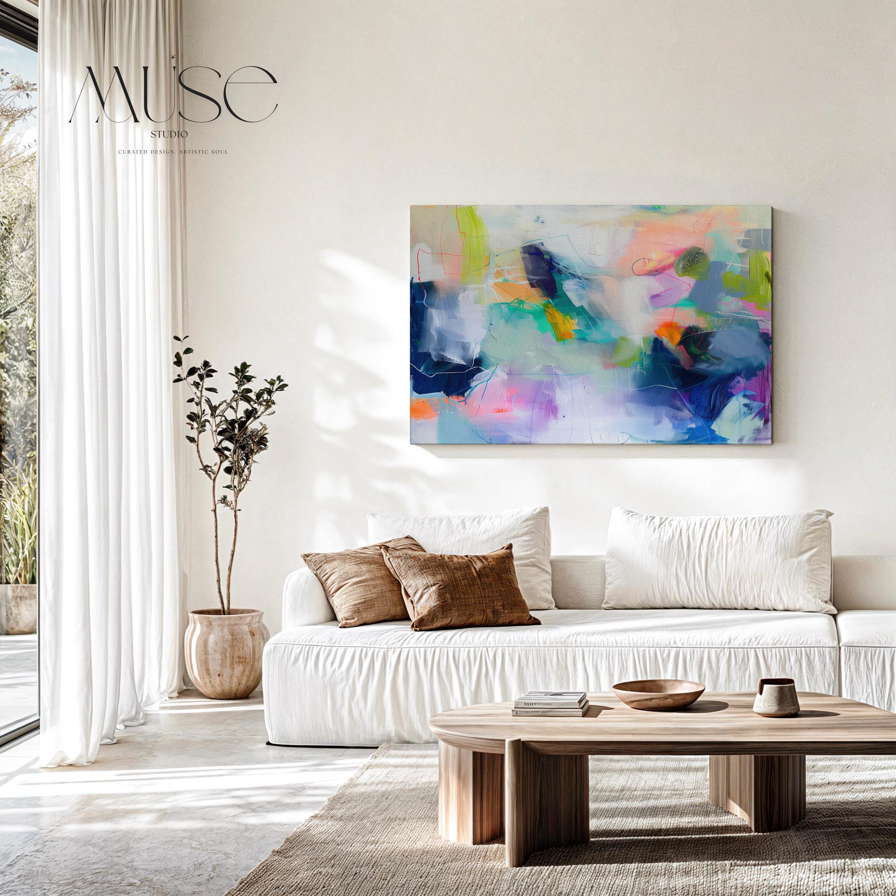 Colorful Abstract Wall Art Horizontal Canvas Painting Blue Teal Purple Modern Giclee Print Large Statement Artwork for Living Room 249 Colorful abstract wall art staged in modern neutral home decor. Large statement art print displayed in living room, bedroom, or office space. Vibrant canvas or giclée print adds bold style to contemporary interiors, perfect for home decor, office staging, and design projects
