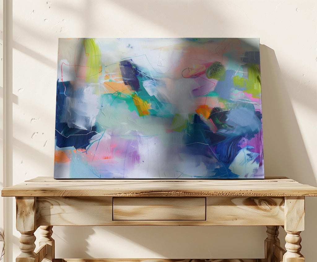 Large colorful abstract art print on stretched canvas, gallery-wrapped and ready to hang. Perfect for vibrant wall decor in homes, modern offices, and staging projects. Giclée canvas print featuring bold brushstrokes, expressive color, and modern statement style.