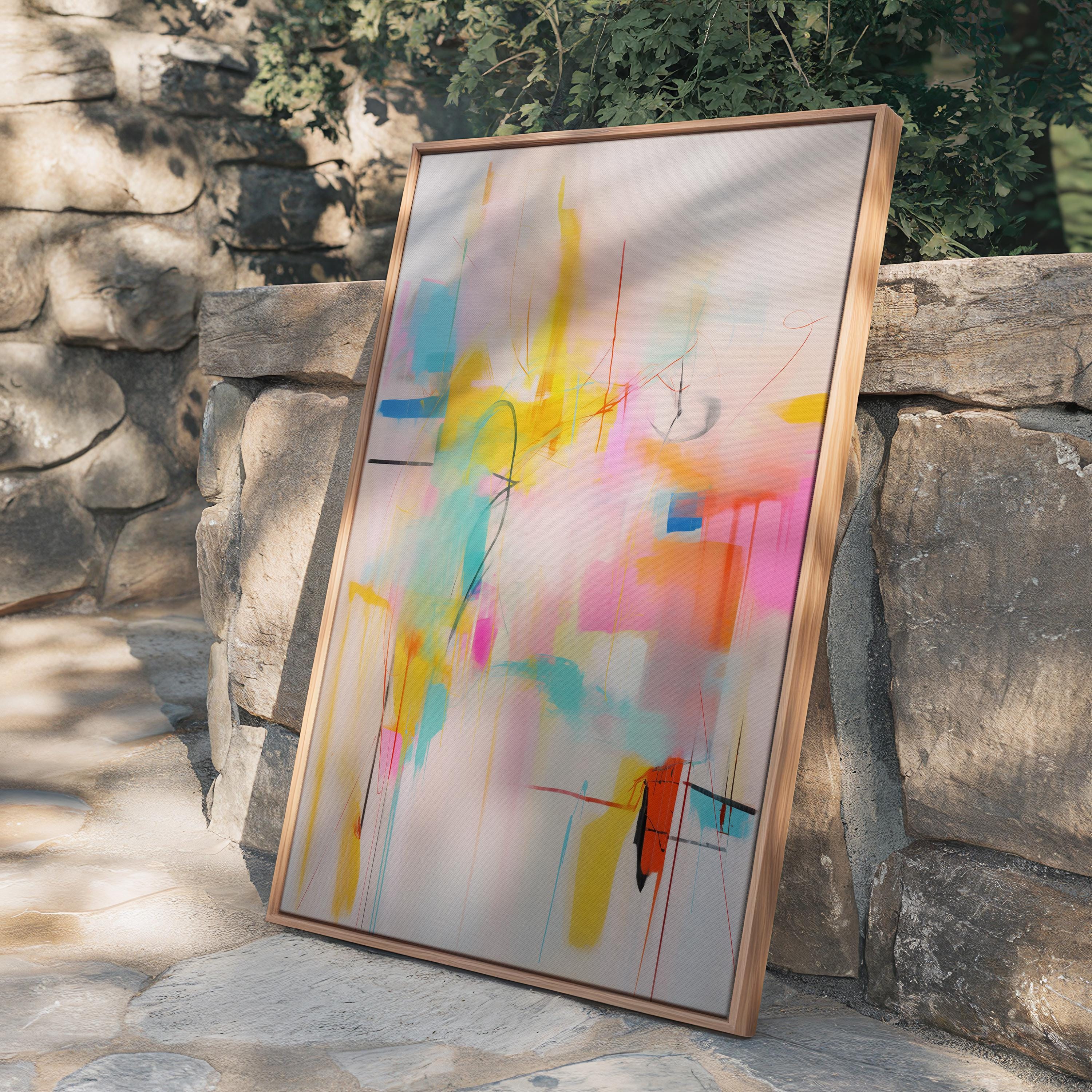 Colorful abstract art print on framed canvas, perfect for vibrant wall decor, modern home design, office decor, and staging projects. Large statement art featuring bold brushstrokes and colorful texture. Ready-to-hang giclée canvas adds energy to any living space. Vertical Abstract Wall Art Framed Canvas Painting Pink Yellow Aqua Modern Giclee Print Large Colorful Artwork for Living Room Decor 031