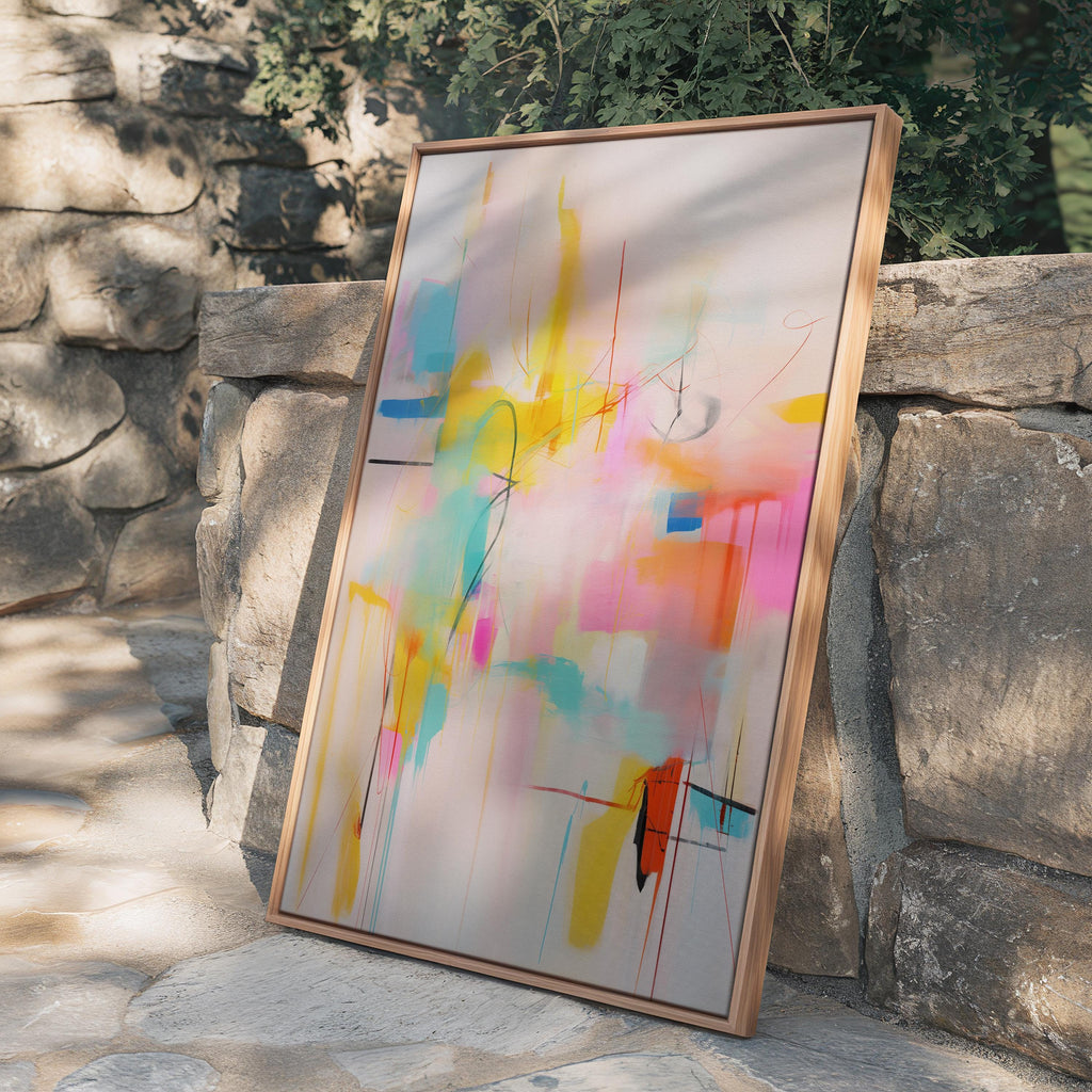 Colorful abstract art print on framed canvas, perfect for vibrant wall decor, modern home design, office decor, and staging projects. Large statement art featuring bold brushstrokes and colorful texture. Ready-to-hang giclée canvas adds energy to any living space. Vertical Abstract Wall Art Framed Canvas Painting Pink Yellow Aqua Modern Giclee Print Large Colorful Artwork for Living Room Decor 031