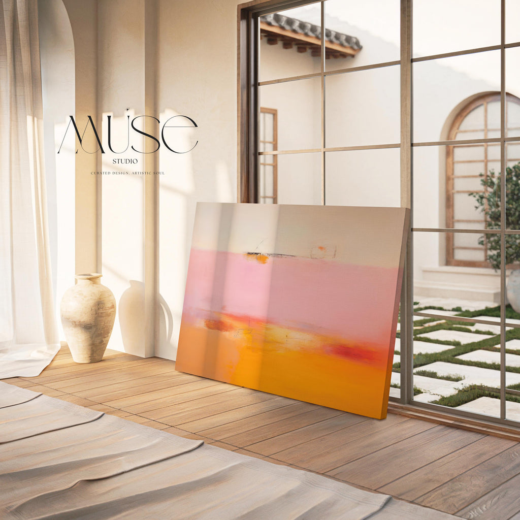 Large colorful abstract art print on stretched canvas, gallery-wrapped and ready to hang. Perfect for vibrant wall decor in homes, modern offices, and staging projects. Giclée canvas print featuring bold brushstrokes, expressive color, and modern statement style. Horizontal Abstract Wall Art Canvas Painting Pink Orange Modern Giclee Print Large Minimalist Artwork for Living Room or Office 068