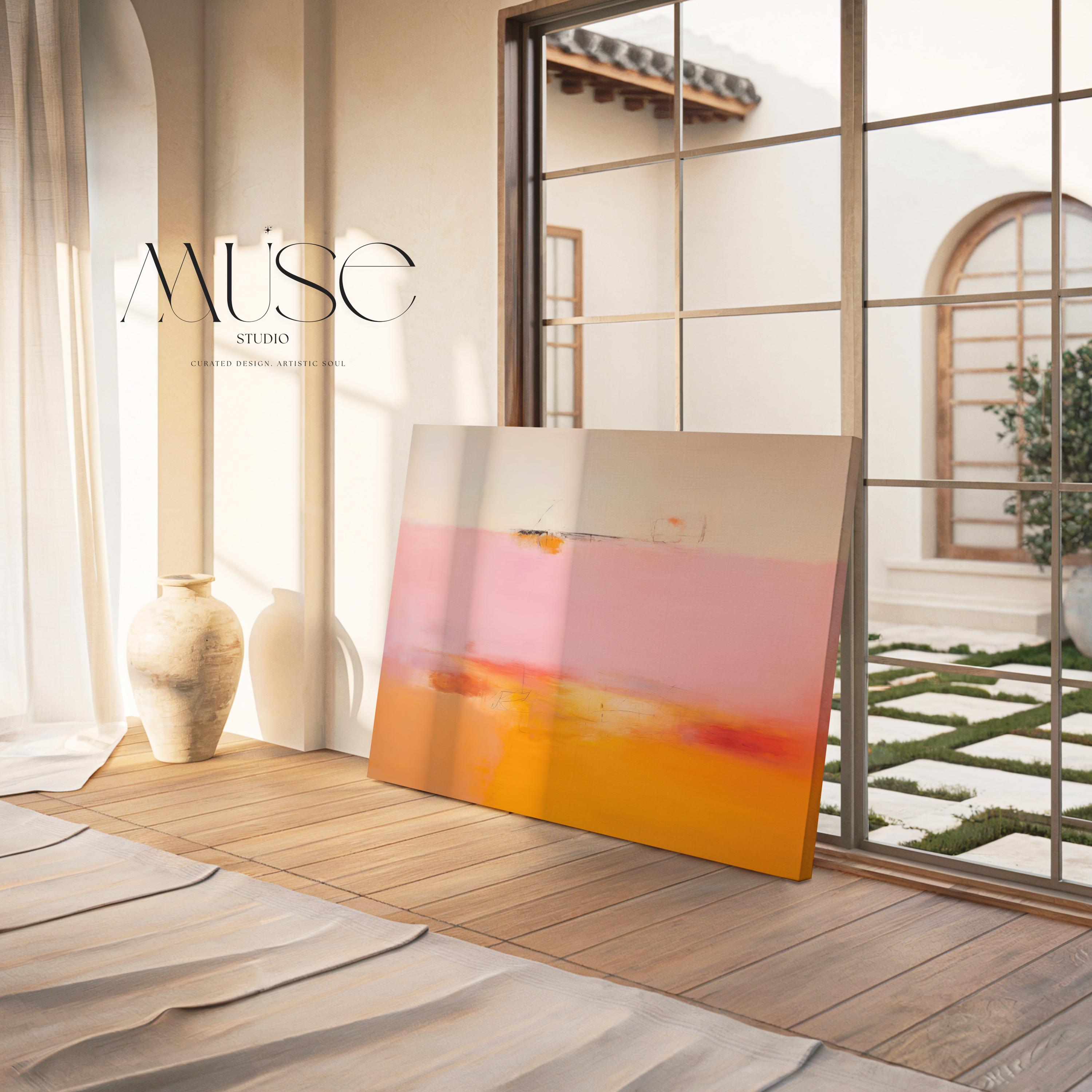 Large colorful abstract art print on stretched canvas, gallery-wrapped and ready to hang. Perfect for vibrant wall decor in homes, modern offices, and staging projects. Giclée canvas print featuring bold brushstrokes, expressive color, and modern statement style. Horizontal Abstract Wall Art Canvas Painting Pink Orange Modern Giclee Print Large Minimalist Artwork for Living Room or Office 068