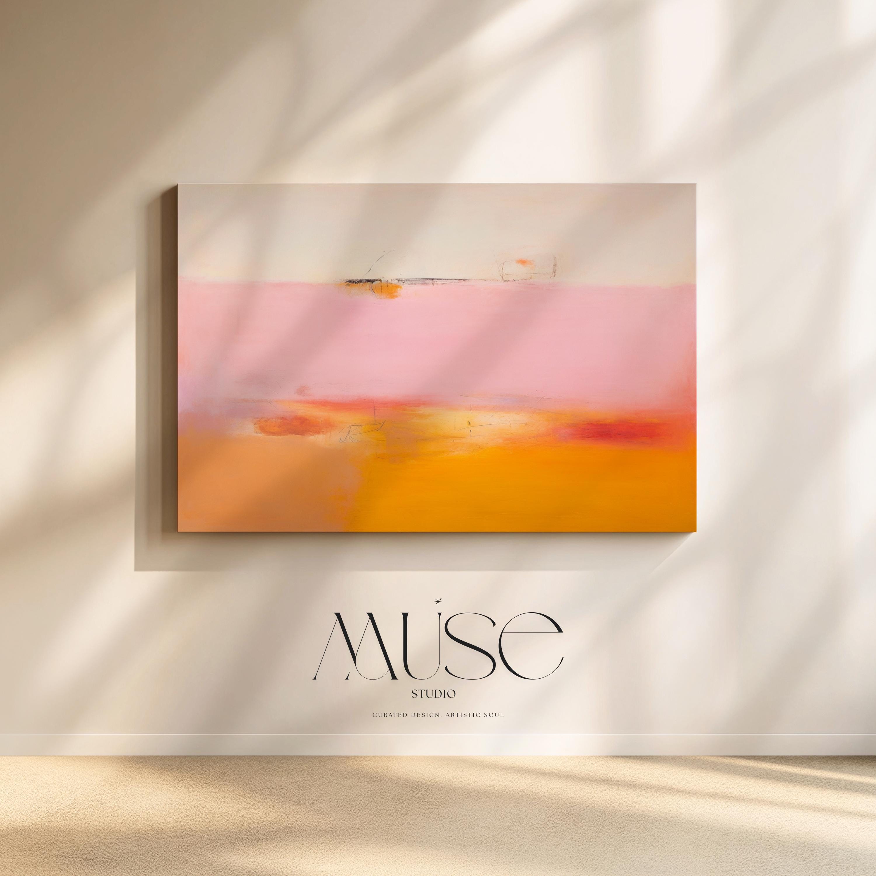 Large colorful abstract art print on stretched canvas, gallery-wrapped and ready to hang. Perfect for vibrant wall decor in homes, modern offices, and staging projects. Giclée canvas print featuring bold brushstrokes, expressive color, and modern statement style. Horizontal Abstract Wall Art Canvas Painting Pink Orange Modern Giclee Print Large Minimalist Artwork for Living Room or Office 068