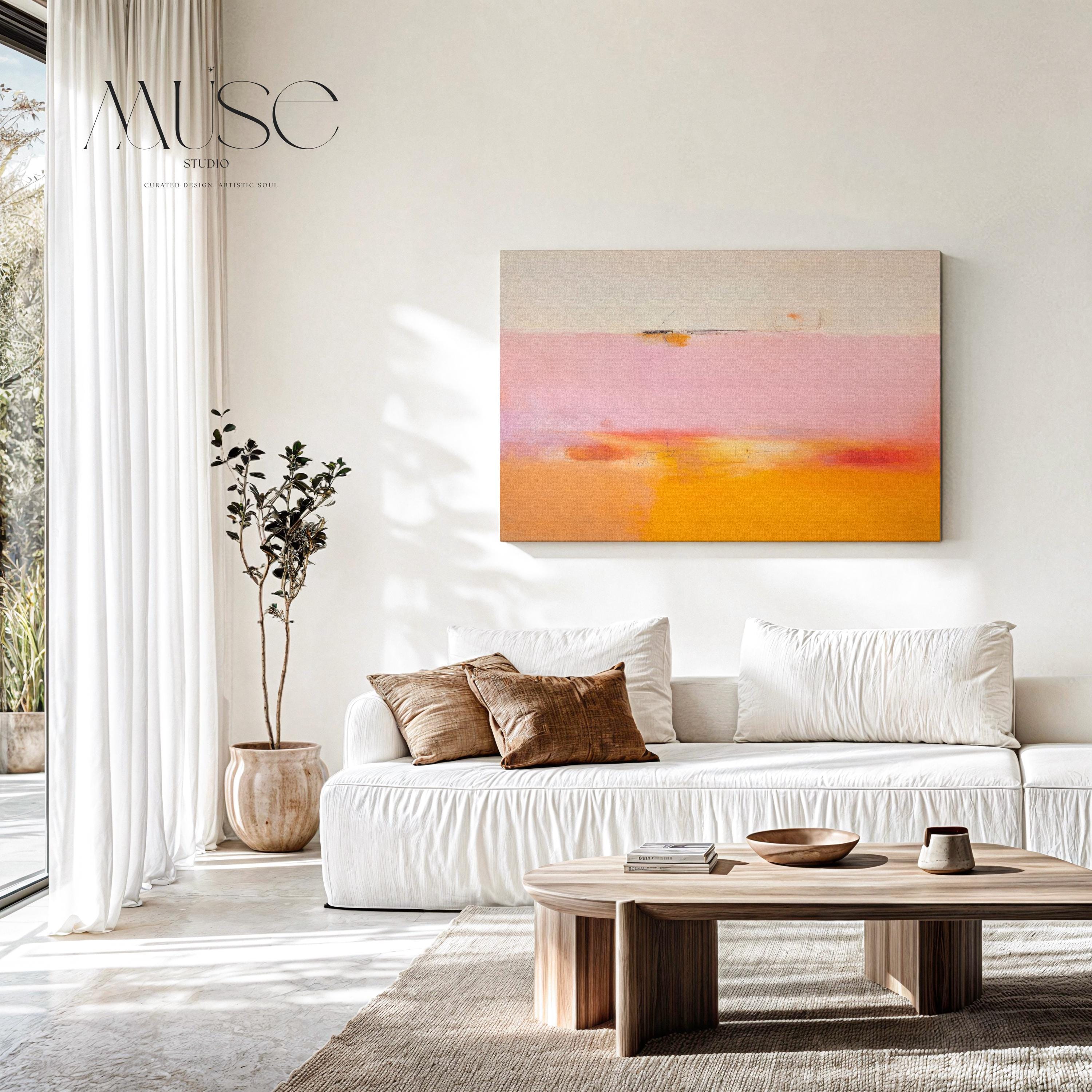 Colorful abstract wall art staged in modern neutral home decor. Large statement art print displayed in living room, bedroom, or office space. Vibrant canvas or giclée print adds bold style to contemporary interiors, perfect for home decor, office staging, and design projects Horizontal Abstract Wall Art Canvas Painting Pink Orange Modern Giclee Print Large Minimalist Artwork for Living Room or Office 068
