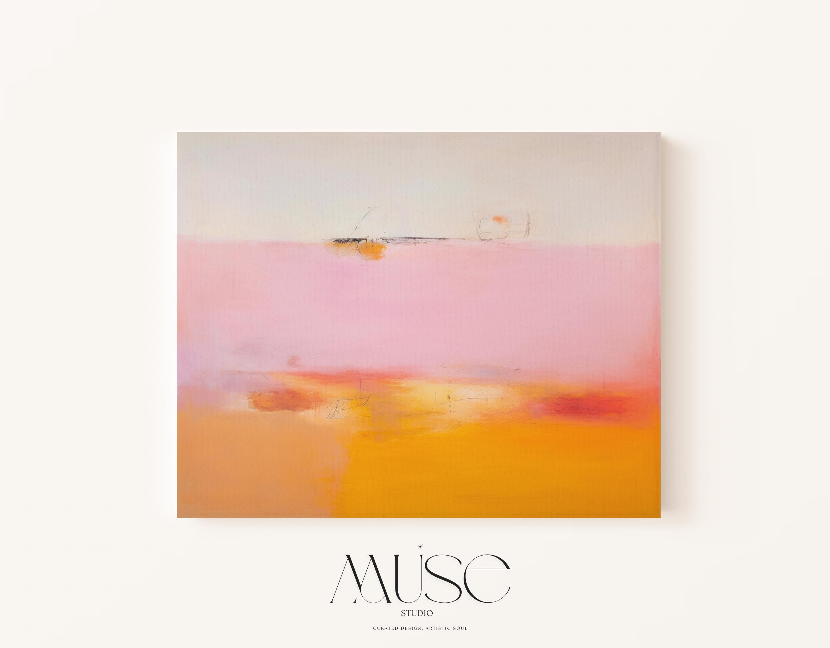 Large colorful abstract art print on stretched canvas, gallery-wrapped and ready to hang. Perfect for vibrant wall decor in homes, modern offices, and staging projects. Giclée canvas print featuring bold brushstrokes, expressive color, and modern statement style. Horizontal Abstract Wall Art Canvas Painting Pink Orange Modern Giclee Print Large Minimalist Artwork for Living Room or Office 068