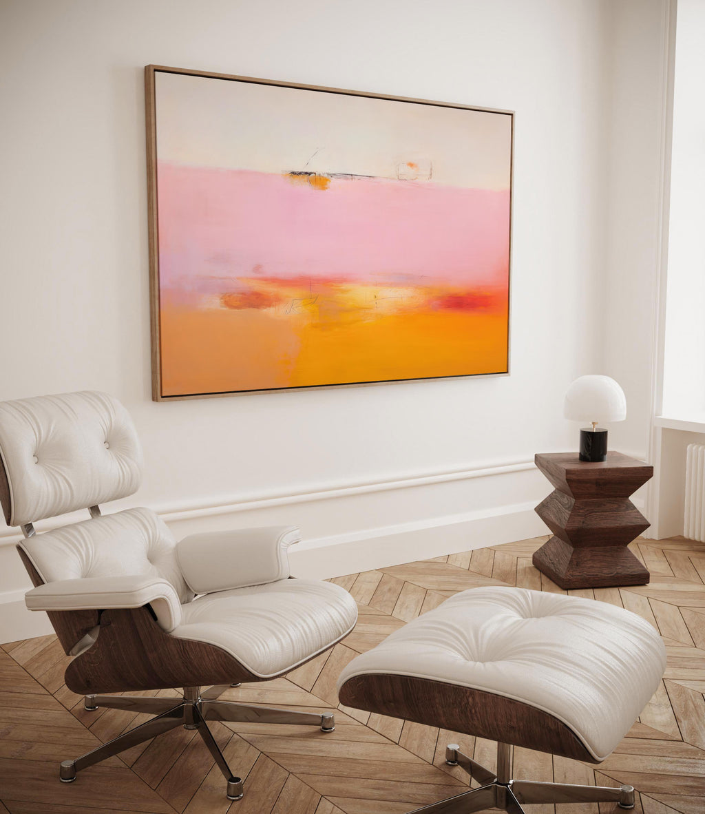 Colorful abstract wall art staged in modern neutral home decor. Large statement art print displayed in living room, bedroom, or office space. Vibrant canvas or giclée print adds bold style to contemporary interiors, perfect for home decor, office staging, and design projects Framed Abstract Wall Art Horizontal Canvas Painting Pink Orange Minimalist Modern Giclee Print Large Living Room Decor for Home 068