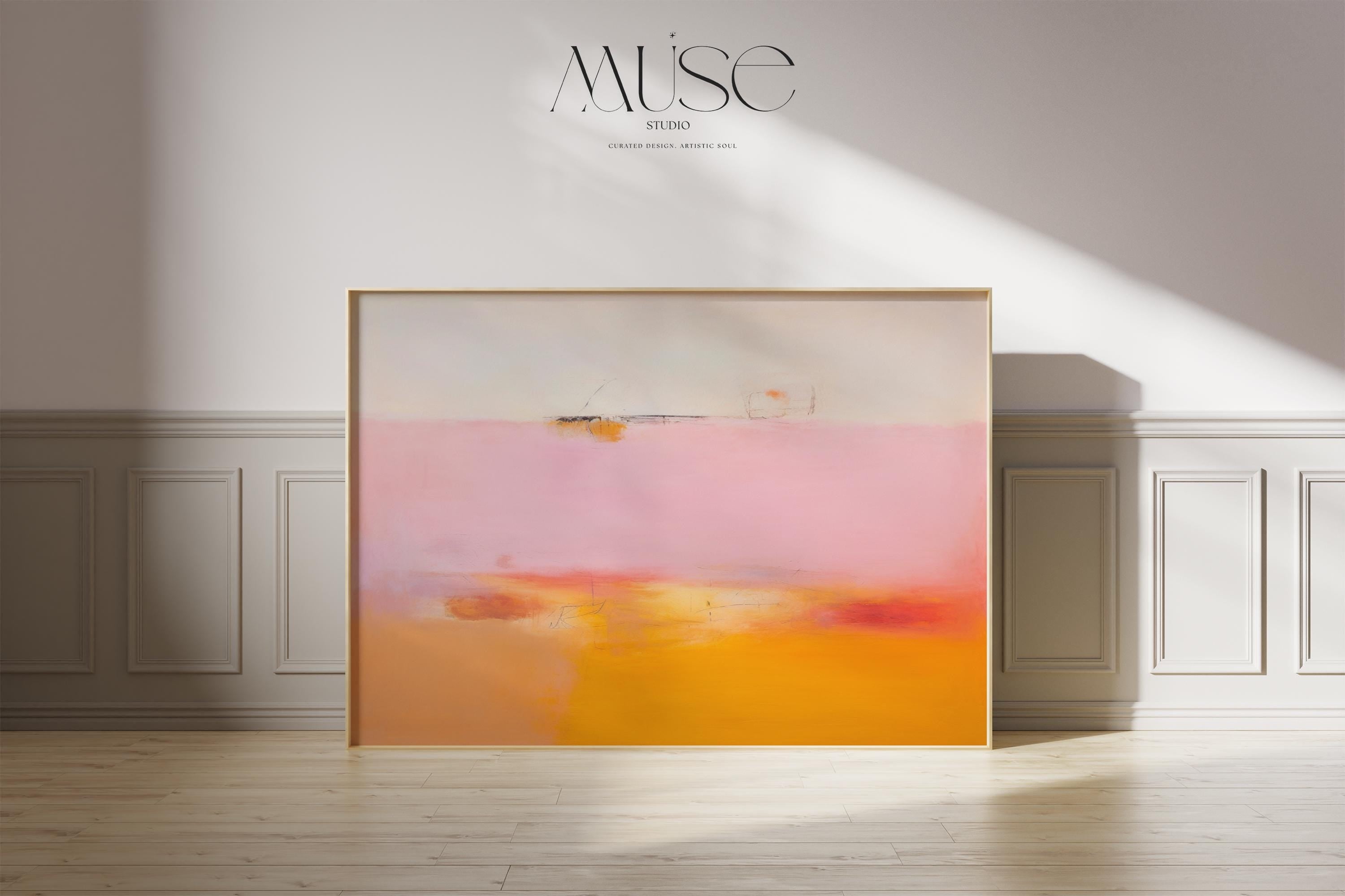 Abstract Art Print Pink Orange Horizontal Artwork Modern Minimalist Giclee Poster Soft Pastel Wall Decor for Living Room or Bedroom 068