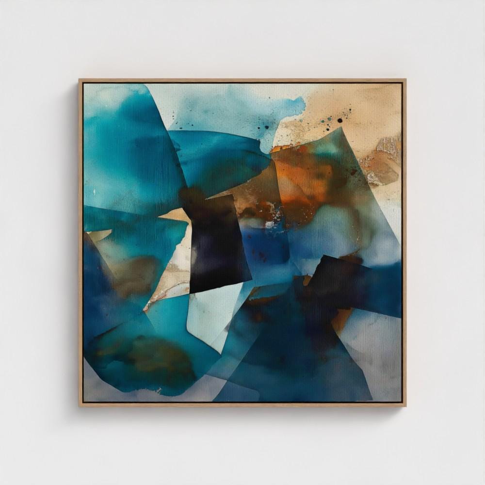 Square abstract wall art featuring deep teal, black, and rust tones leaning against a textured sunlit wall. Earthy modern framed canvas artwork with bold geometric movement, ideal for living room or designer interiors. Available as framed wall art or giclée canvas by Muse Studio.