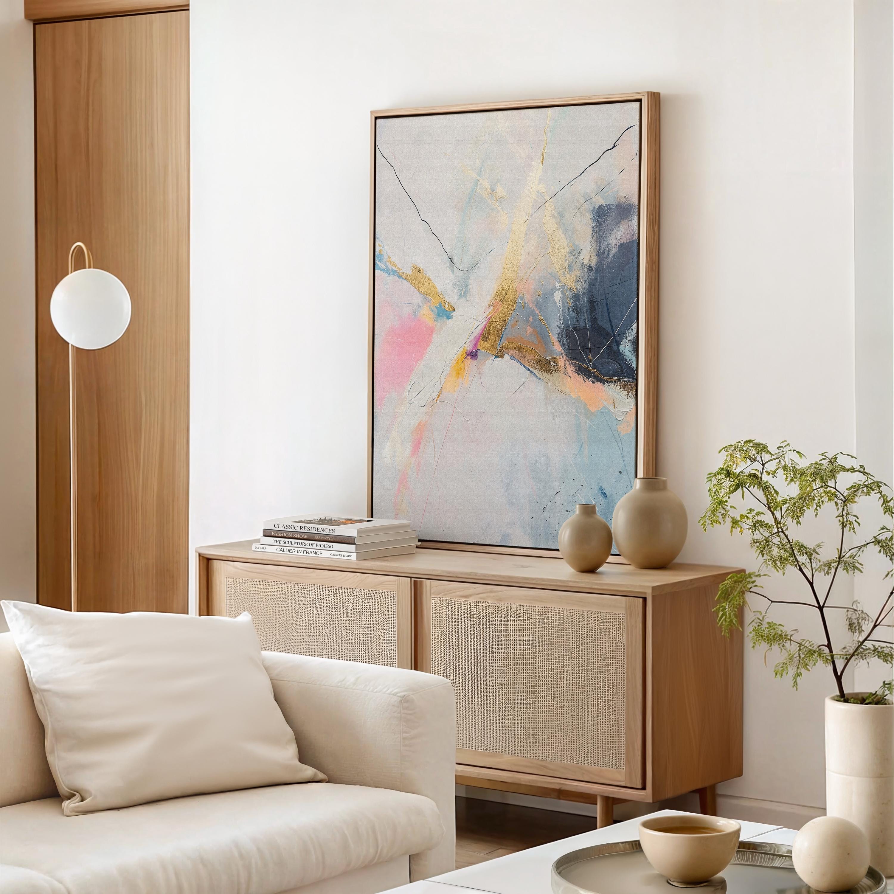 Framed Vertical Abstract Art Gold and White Canvas Painting Modern Pink Blue Giclee Wall Decor for Living Room or Office | 227