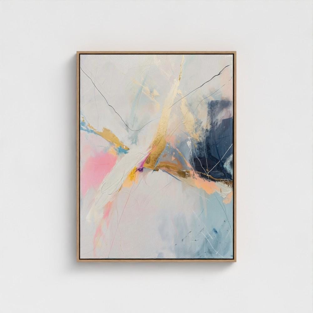 Framed Vertical Abstract Art Gold and White Canvas Painting Modern Pink Blue Giclee Wall Decor for Living Room or Office | 227