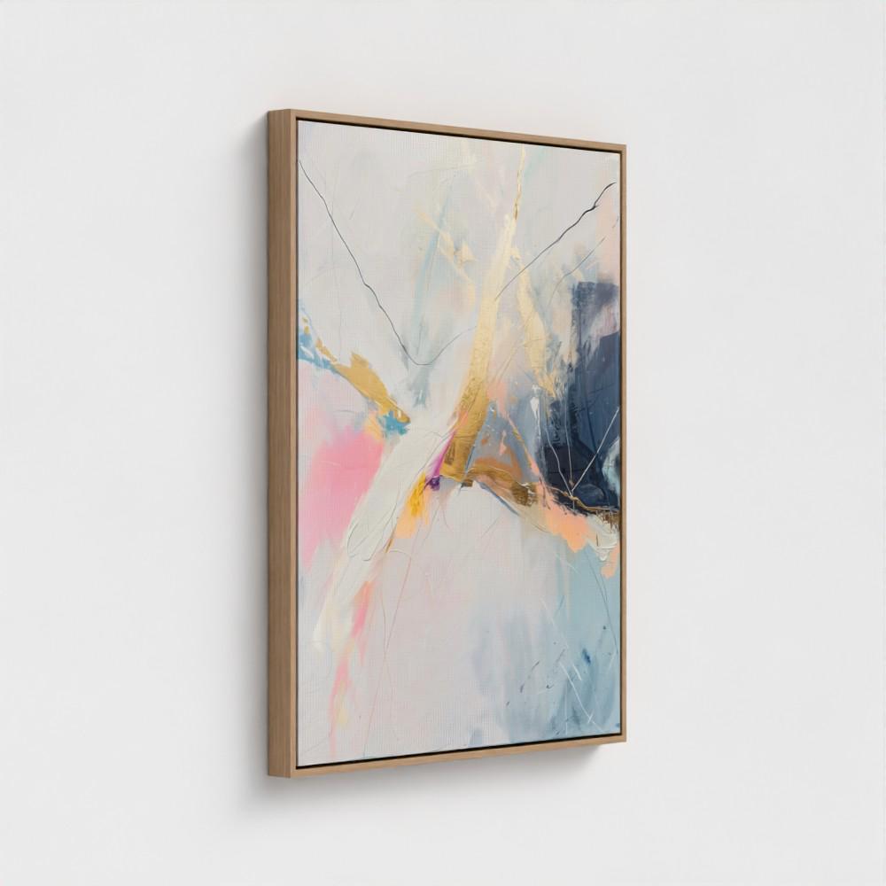 Framed Vertical Abstract Art Gold and White Canvas Painting Modern Pink Blue Giclee Wall Decor for Living Room or Office | 227