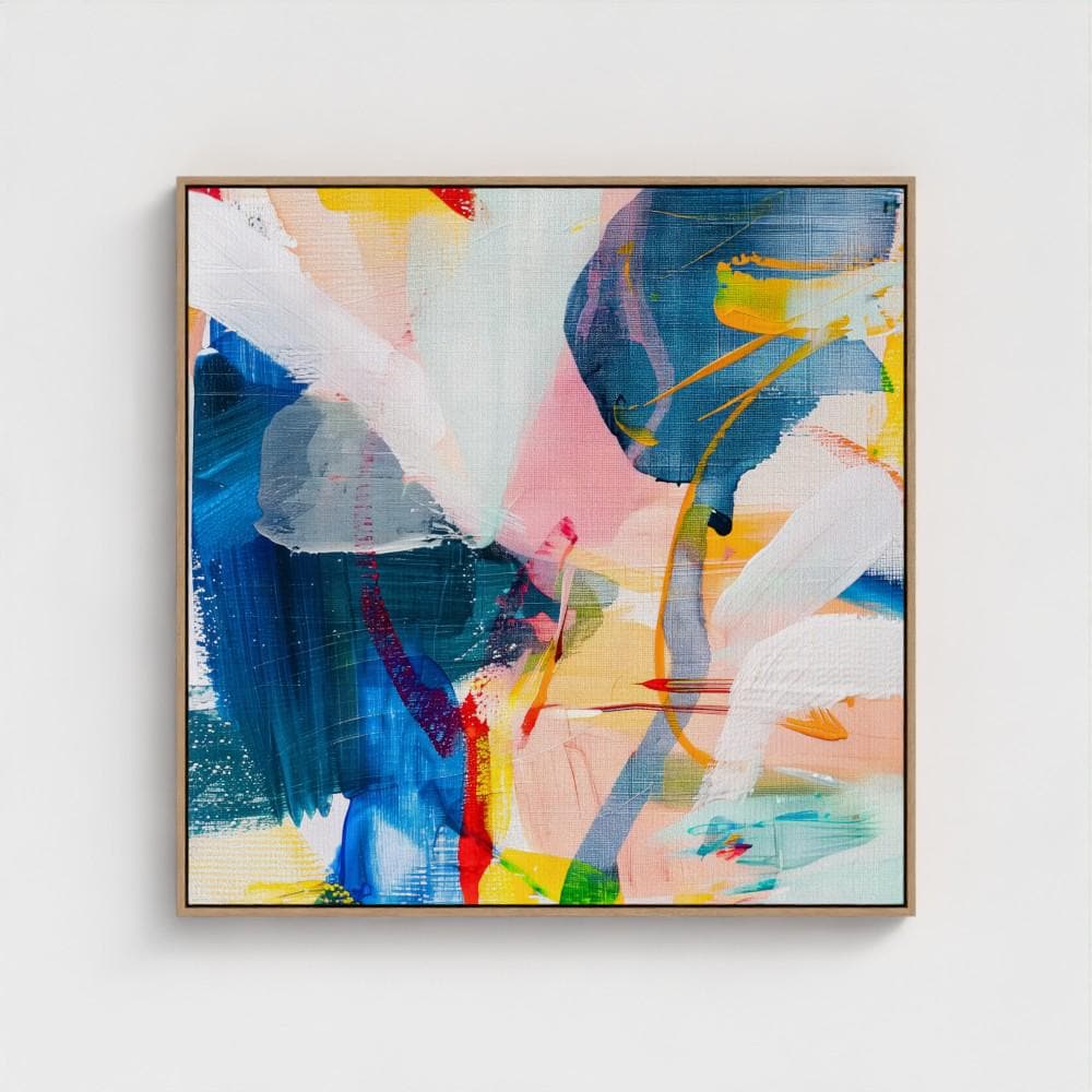 Framed Square Abstract Art Colorful Modern Canvas Painting Pink Blue Yellow Bold Giclee Wall Art for Living Room or Office | 336