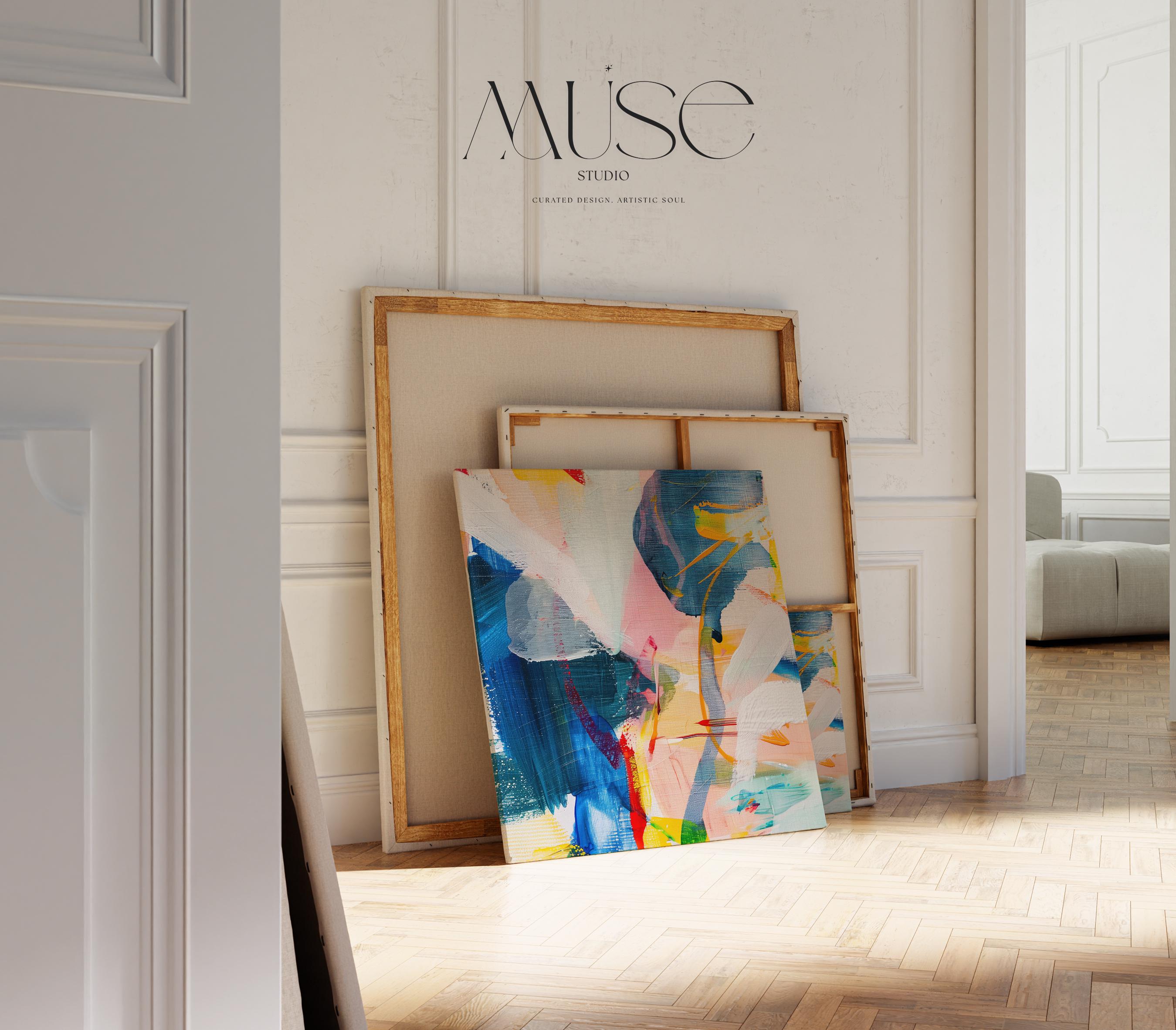 Muse Studio large abstract wall art canvas featuring a colorful contemporary composition in teal, pink, yellow, black, and neutral tones. This square giclée canvas print adds modern color pop style to office wall decor, living room styling, creative studio spaces, and oversized abstract art displays.