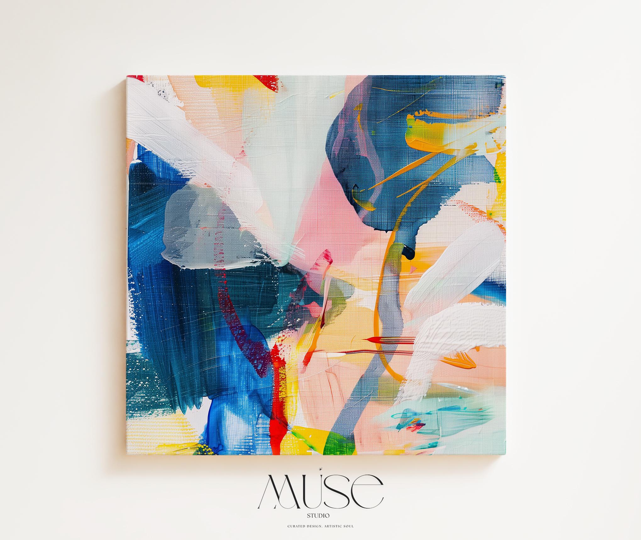 Muse Studio large abstract wall art canvas featuring a colorful contemporary composition in teal, pink, yellow, black, and neutral tones. This square giclée canvas print adds modern color pop style to office wall decor, living room styling, creative studio spaces, and oversized abstract art displays.