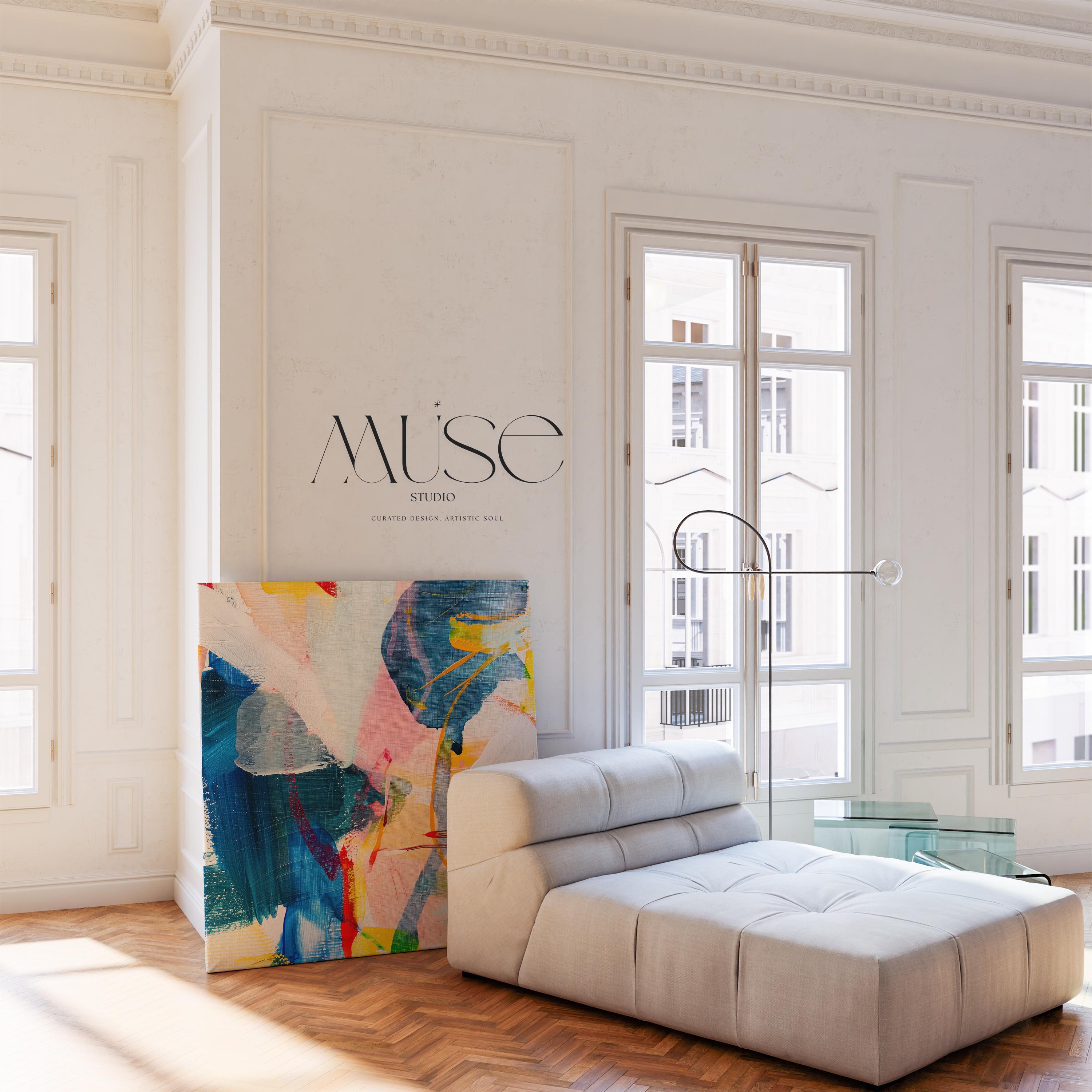Muse Studio large abstract wall art canvas featuring a colorful contemporary composition in teal, pink, yellow, black, and neutral tones. This square giclée canvas print adds modern color pop style to office wall decor, living room styling, creative studio spaces, and oversized abstract art displays.