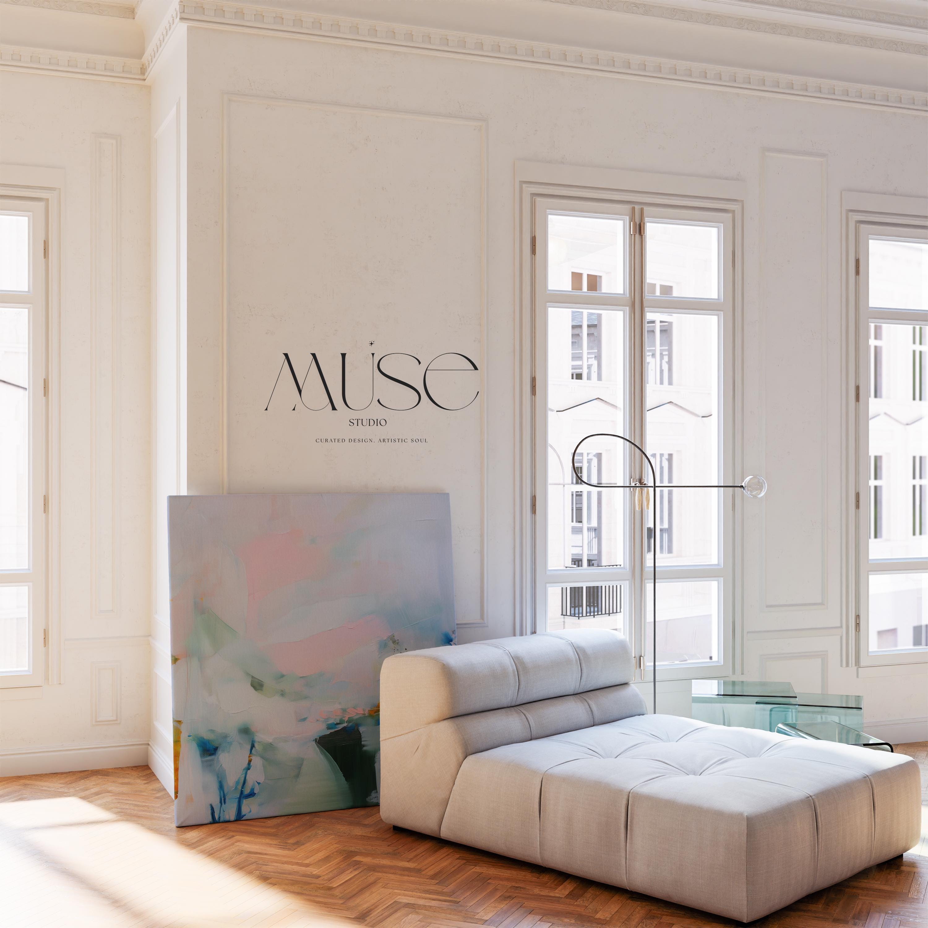 Soft Pastel Abstract Canvas Art Modern Landscape Painting Light Blue Pink Green Wall Decor Horizontal Statement | Muse Studio 420
