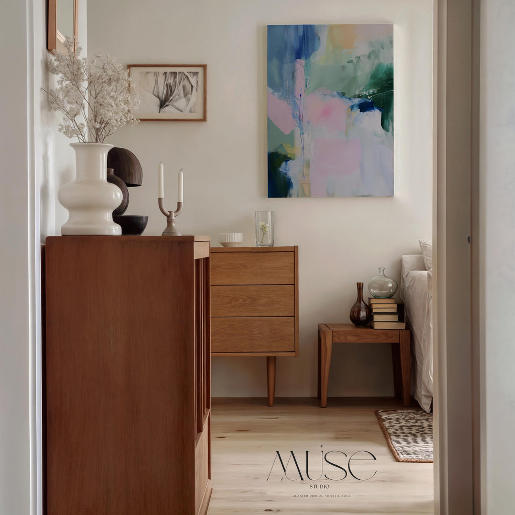 Floral abstract canvas art print by Muse Studio featuring soft blue, green, and pink botanical-inspired brushwork on premium gallery-wrapped artist canvas with museum-grade giclée inks. Vertical wall decor styled for bedrooms, living rooms, offices, nurseries, and soft pastel cottage or modern floral interiors.