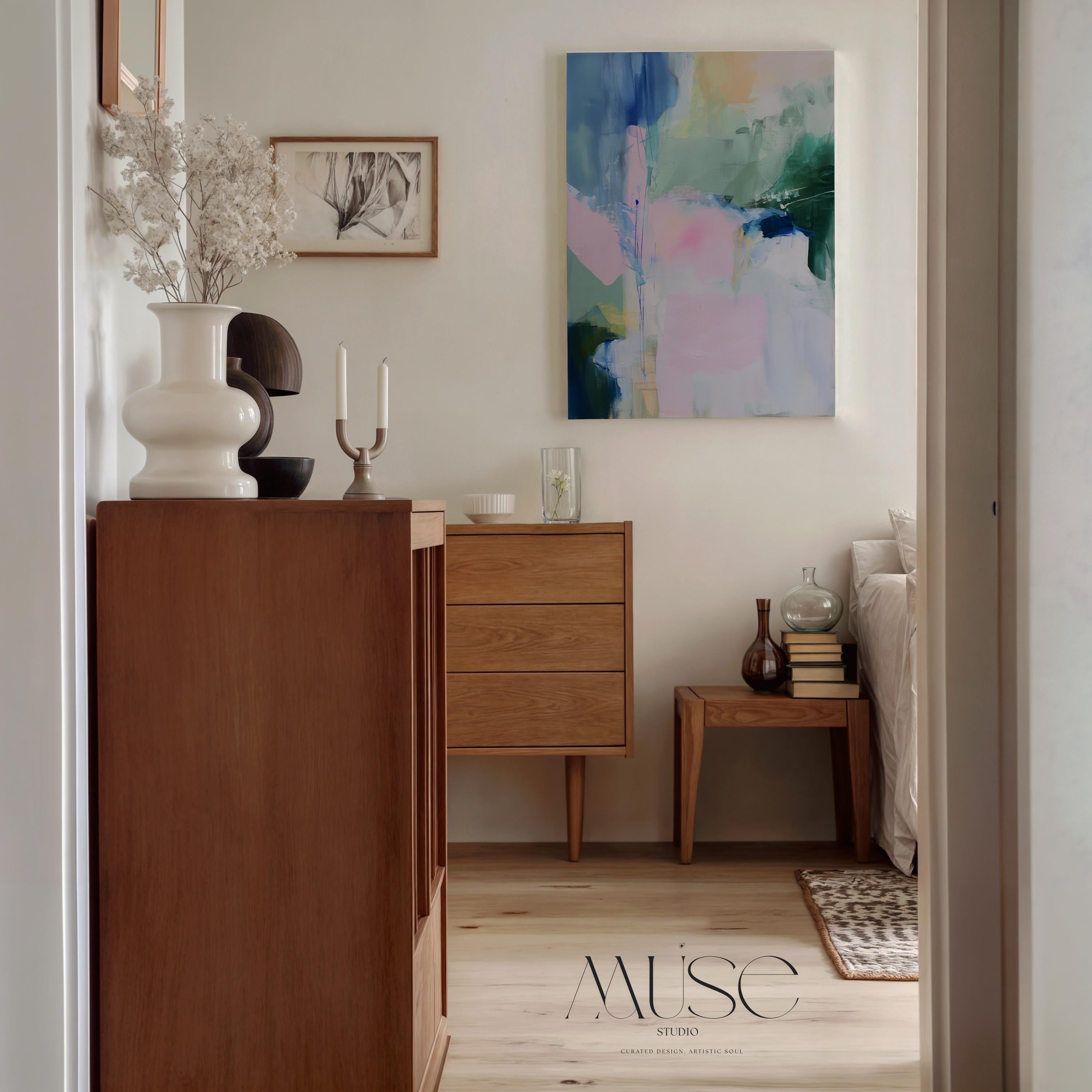 Floral abstract canvas art print by Muse Studio featuring soft blue, green, and pink botanical-inspired brushwork on premium gallery-wrapped artist canvas with museum-grade giclée inks. Vertical wall decor styled for bedrooms, living rooms, offices, nurseries, and soft pastel cottage or modern floral interiors.