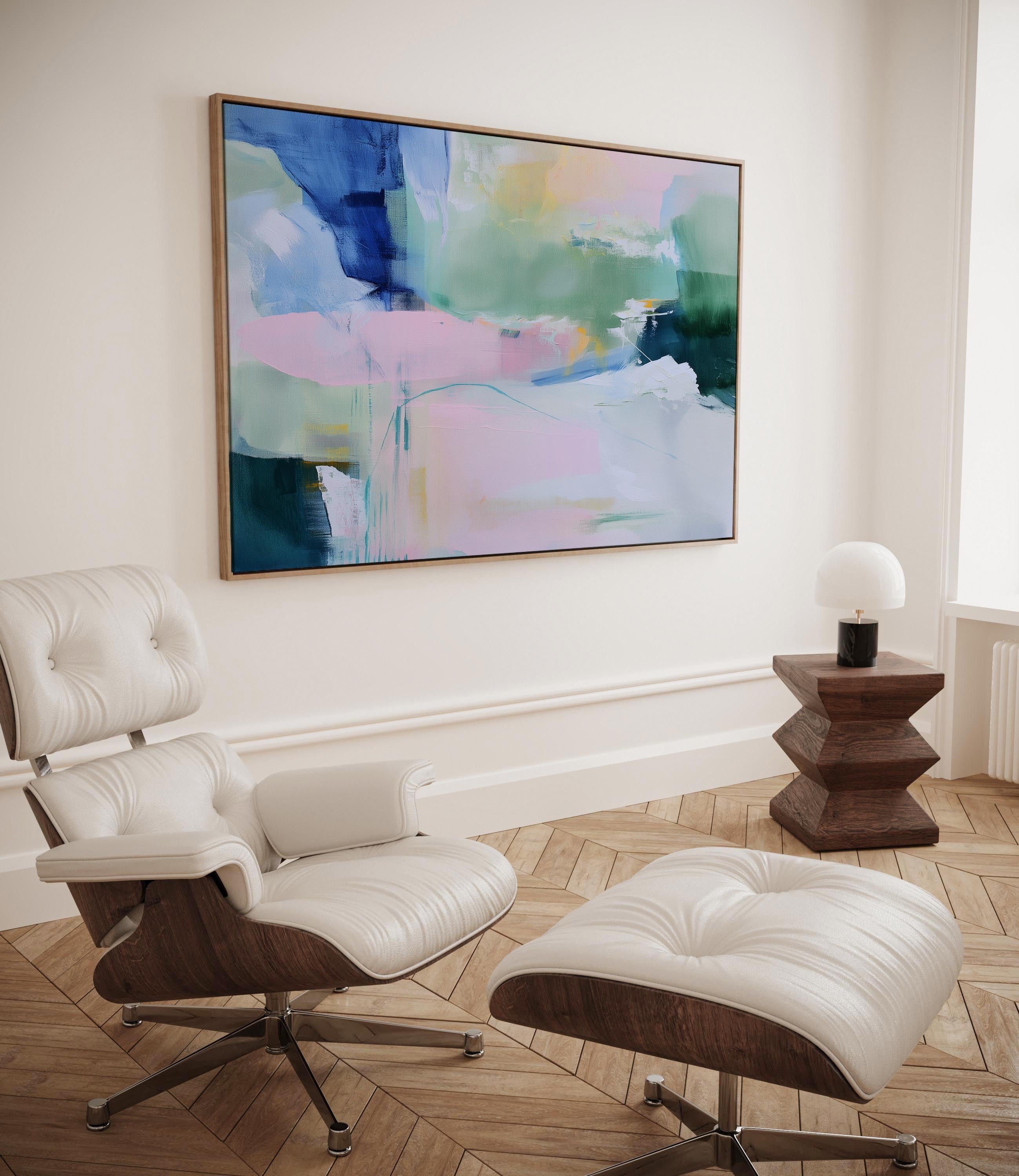 Colorful abstract wall art staged in modern neutral home decor. Large statement art print displayed in living room, bedroom, or office space. Vibrant canvas or giclée print adds bold style to contemporary interiors, perfect for home decor, office staging, and design projects Framed Horizontal Abstract Canvas Art Blue Green Pink Brushstroke Painting Soft Modern Decor for Living Room or Office | Muse Studio 422