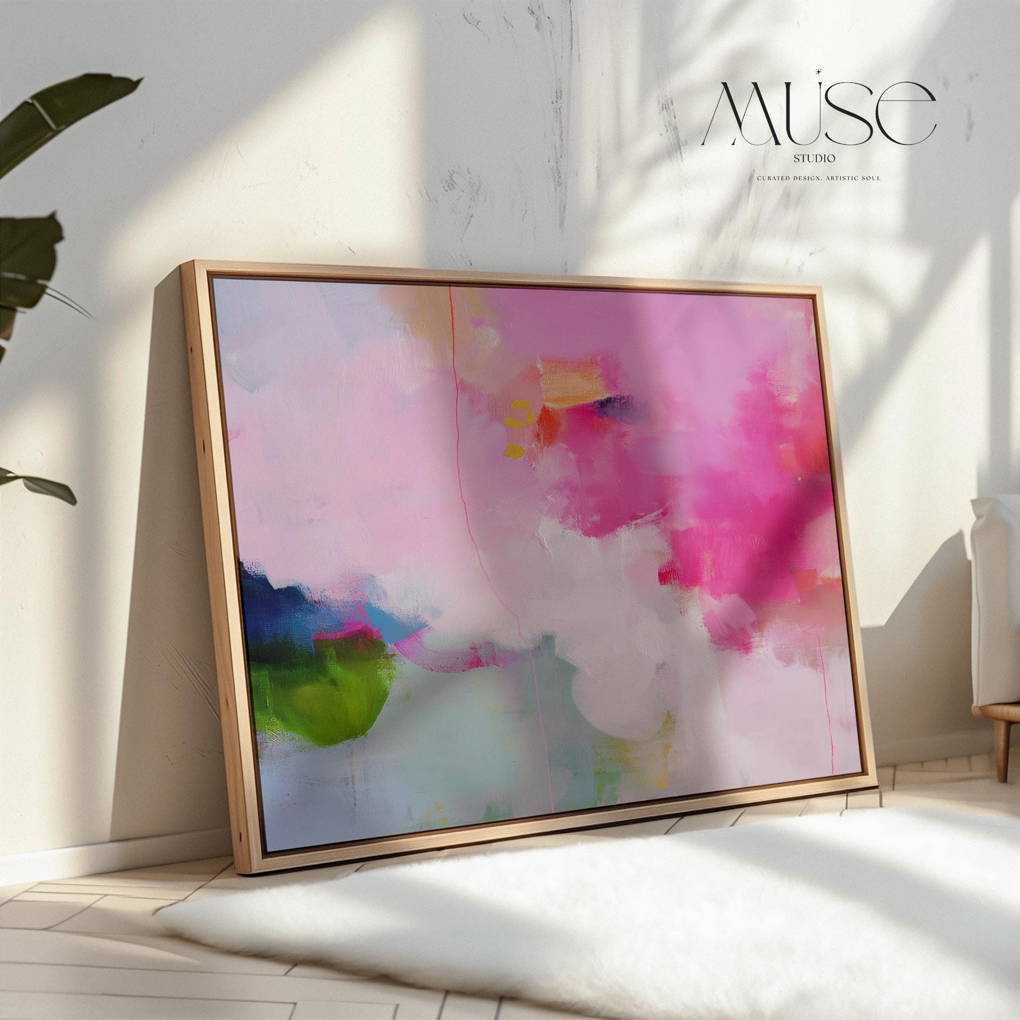Colorful abstract art print on framed canvas, perfect for vibrant wall decor, modern home design, office decor, and staging projects. Large statement art featuring bold brushstrokes and colorful texture. Ready-to-hang giclée canvas adds energy to any living space. Framed Abstract Wall Art Horizontal Pink Green Canvas Painting Colorful Modern Decor for Living Room or Office 424