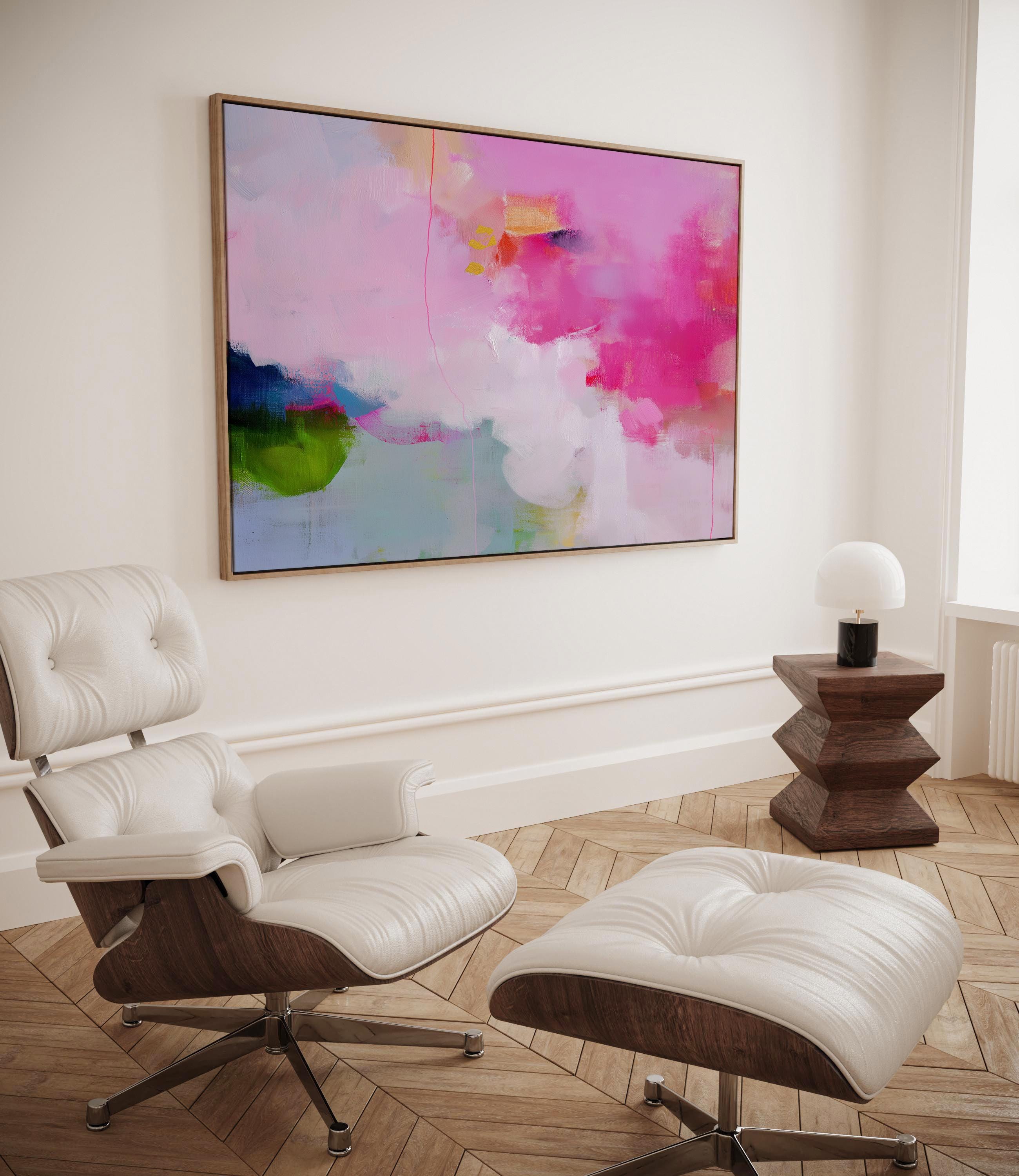 Colorful abstract wall art staged in modern neutral home decor. Large statement art print displayed in living room, bedroom, or office space. Vibrant canvas or giclée print adds bold style to contemporary interiors, perfect for home decor, office staging, and design projects Framed Abstract Wall Art Horizontal Pink Green Canvas Painting Colorful Modern Decor for Living Room or Office 424